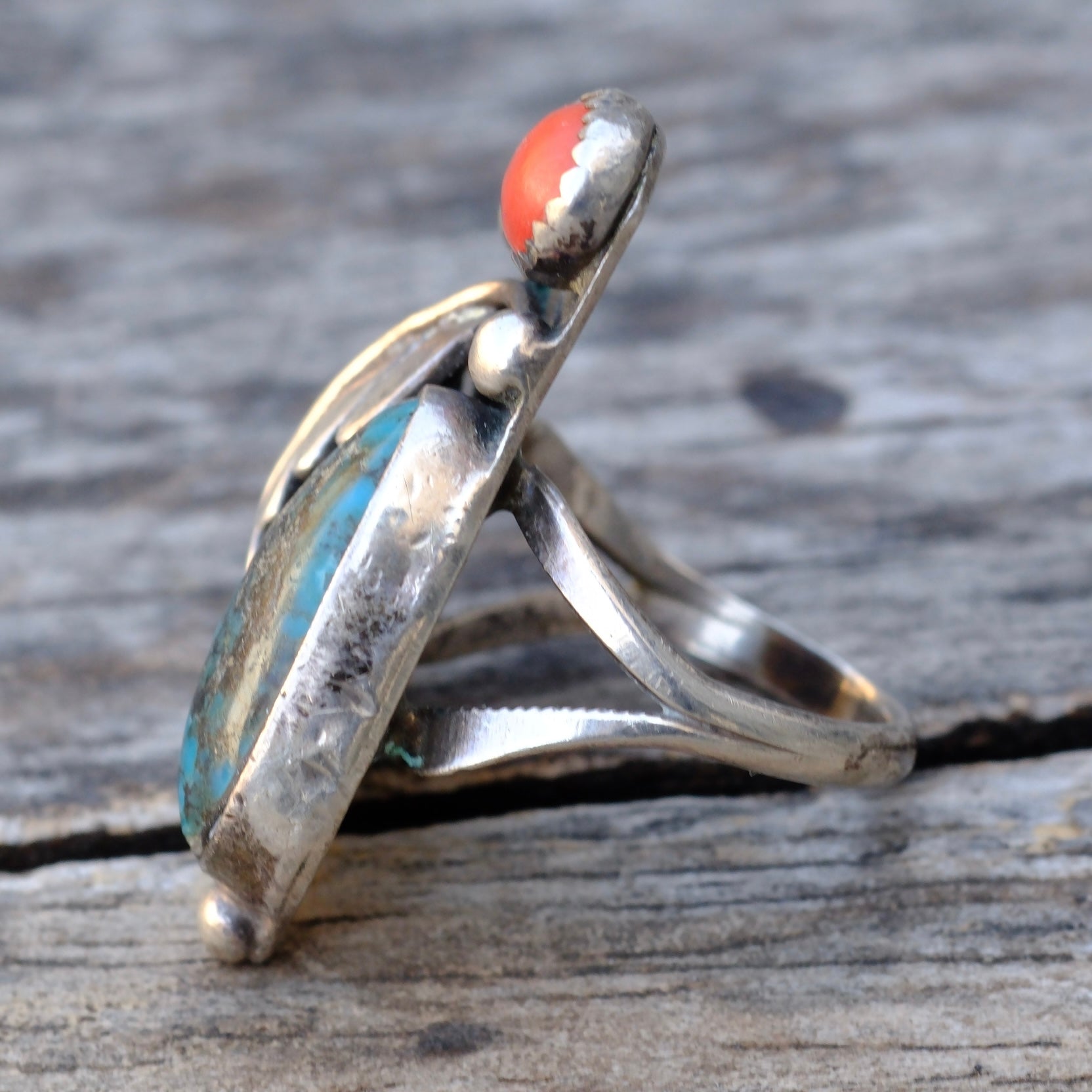 Vintage Sterling Turquoise and Coral Feather Ring 5.5