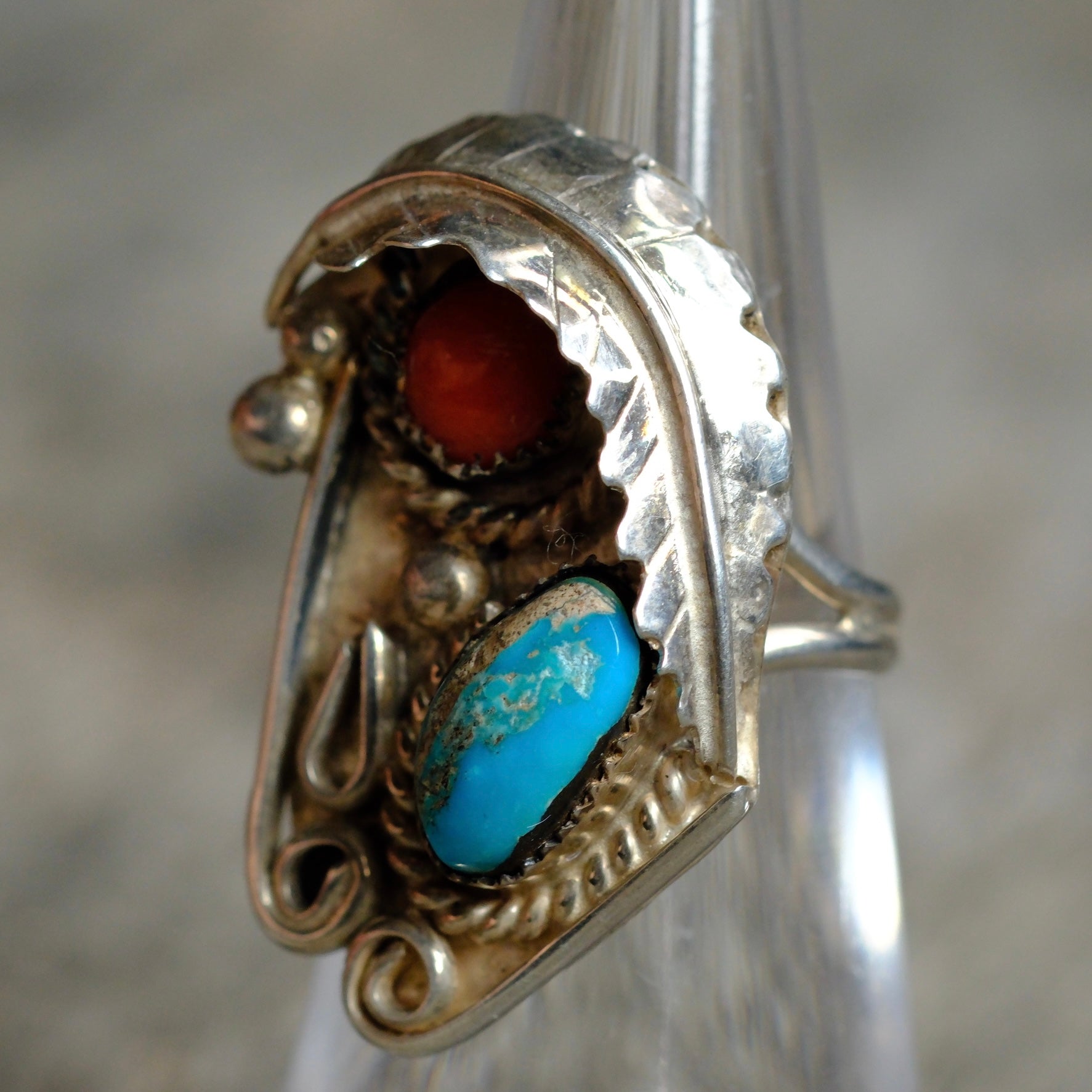 Vintage Sterling Turquoise and Coral Feather Ring 5.5