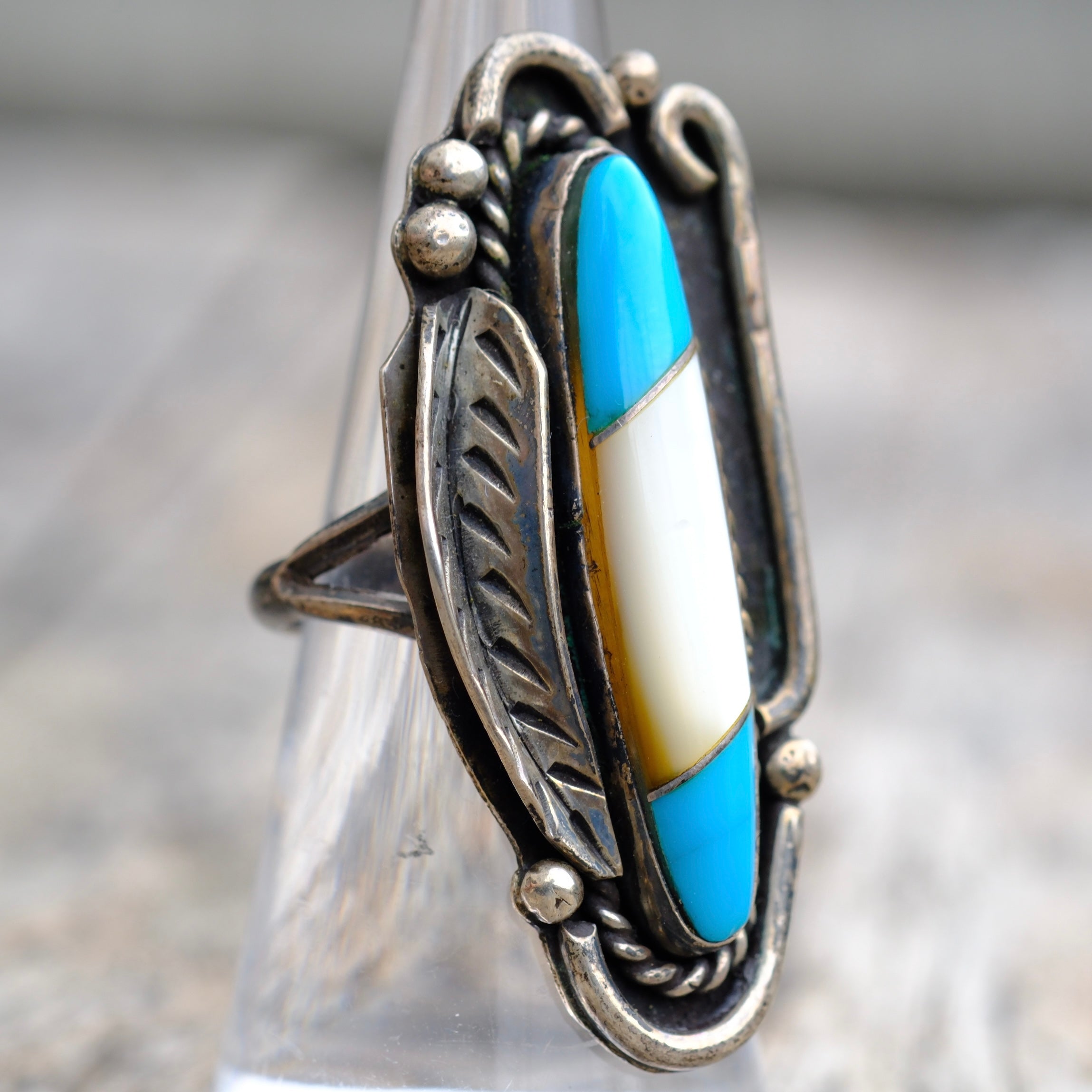 Vintage Sterling Turquoise and Mother Of Pearl Feather Ring 6.25