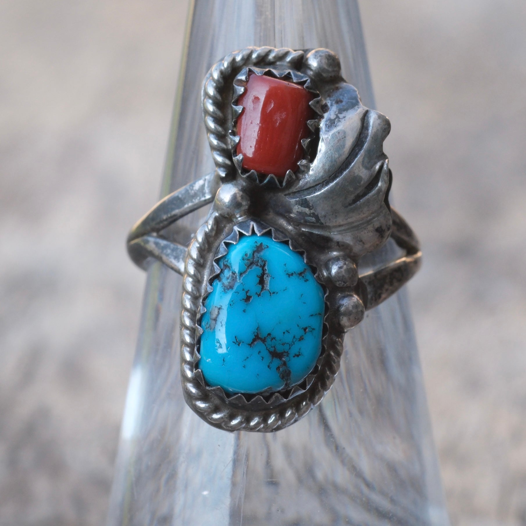 Vintage Sterling Turquoise and Coral Feather Ring 5.75