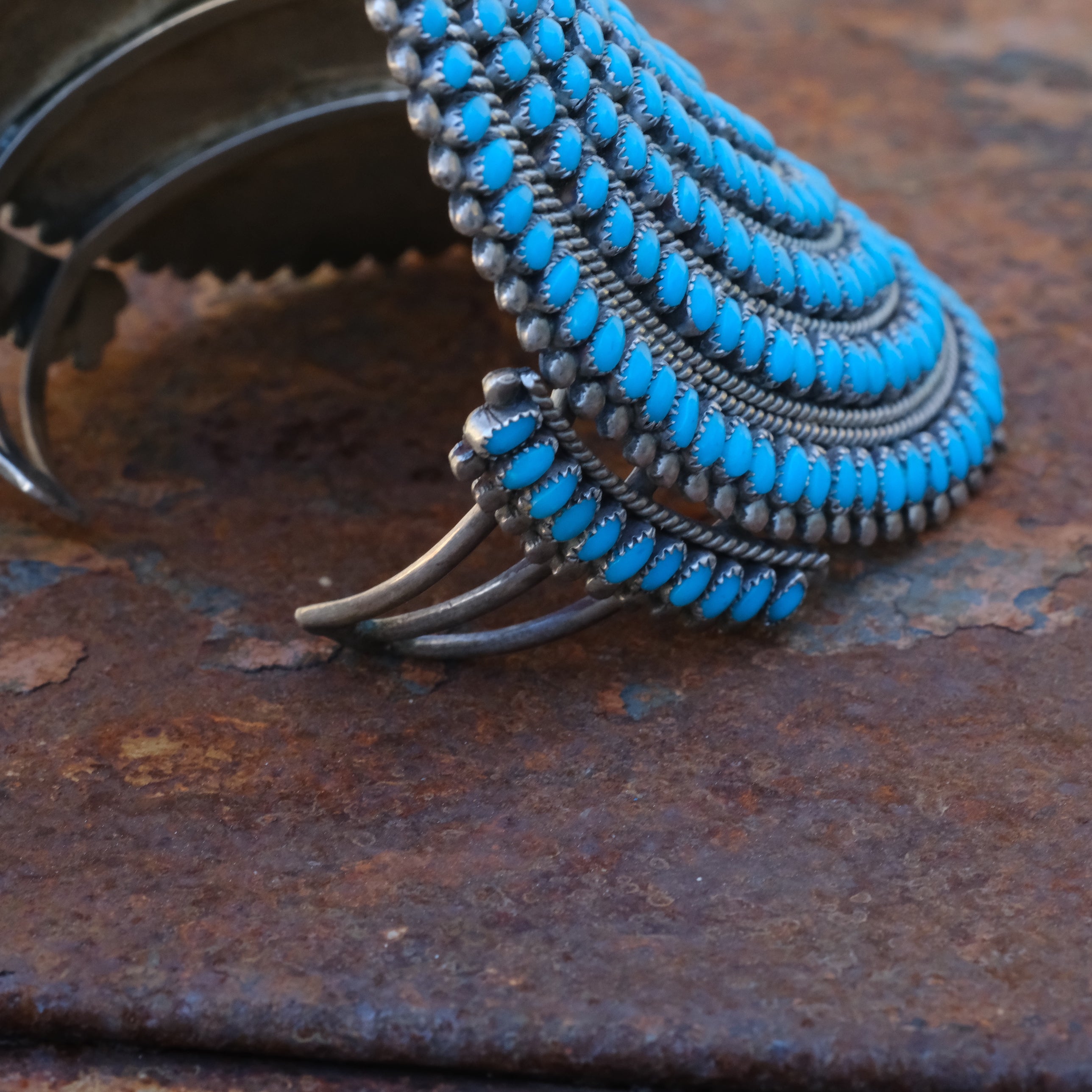 MASSIVE Vintage Sterling Turquoise Inlay Cluster Cuff Bracelet