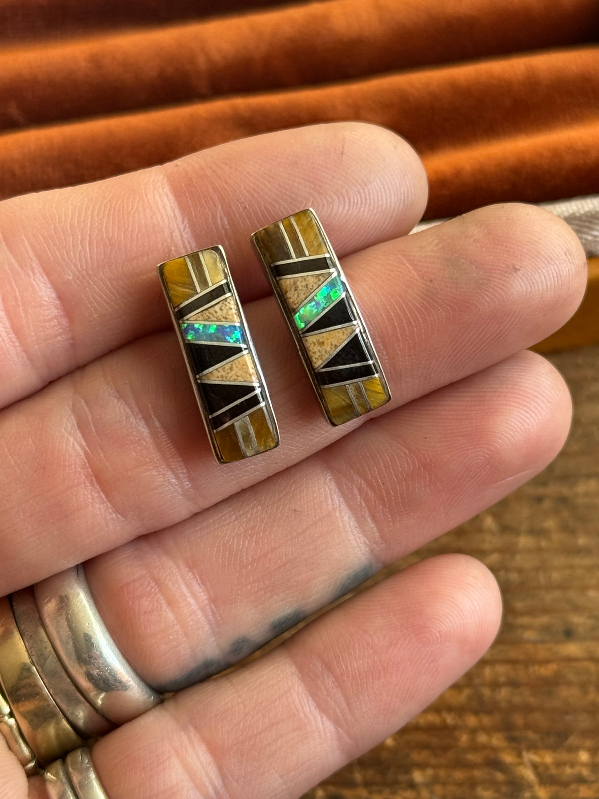 Vintage Sterling Silver Multistone Inlay Earrings