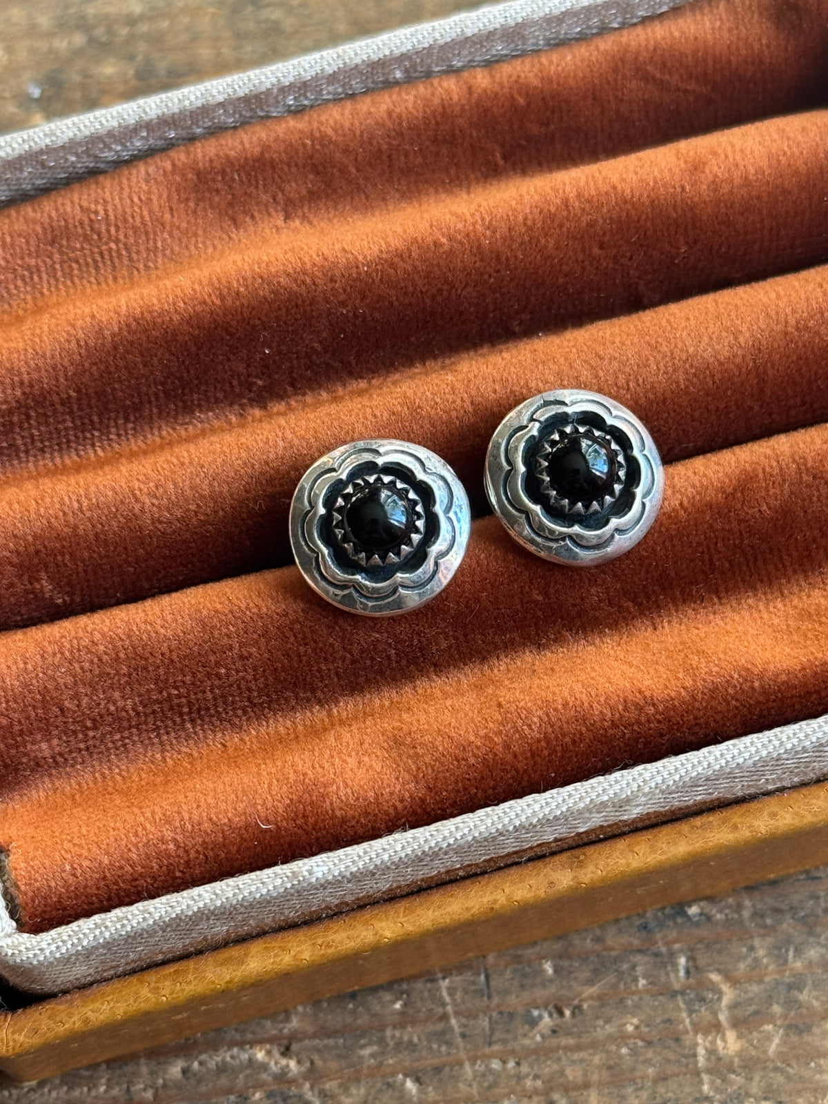 Vintage Sterling Silver Stamped Onyx Shadowbox Earrings