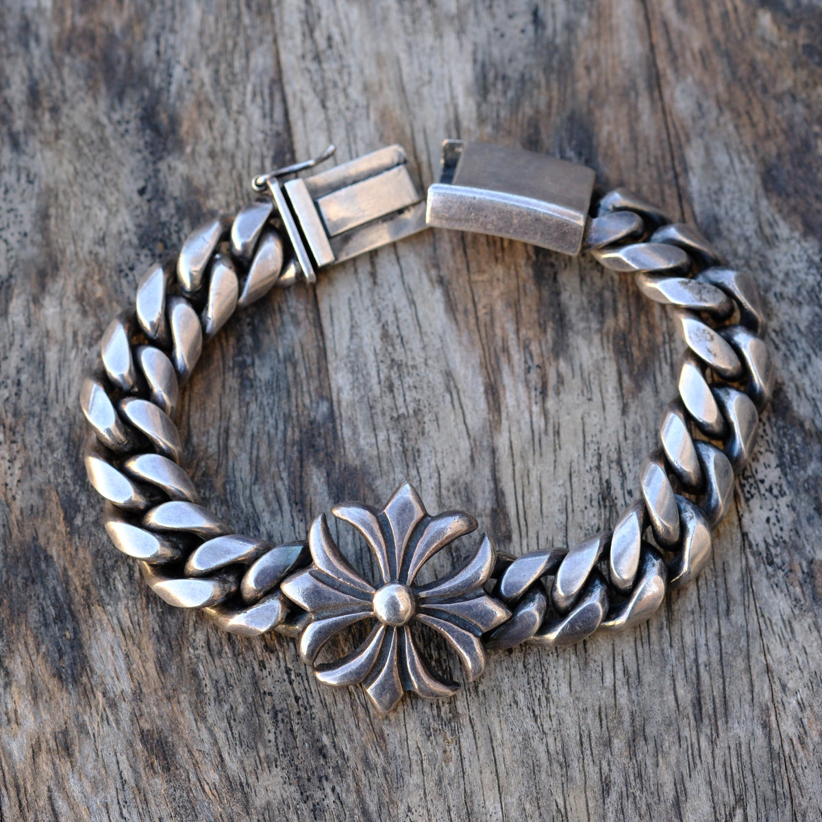 HEAVY Vintage Sterling Silver Curb Chain Cross Bracelet 8" 99.6 Grams