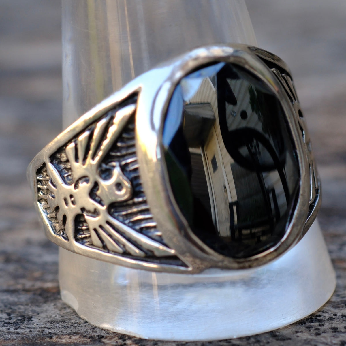 Vintage Sterling Hematite Thunderbird Ring 13.75