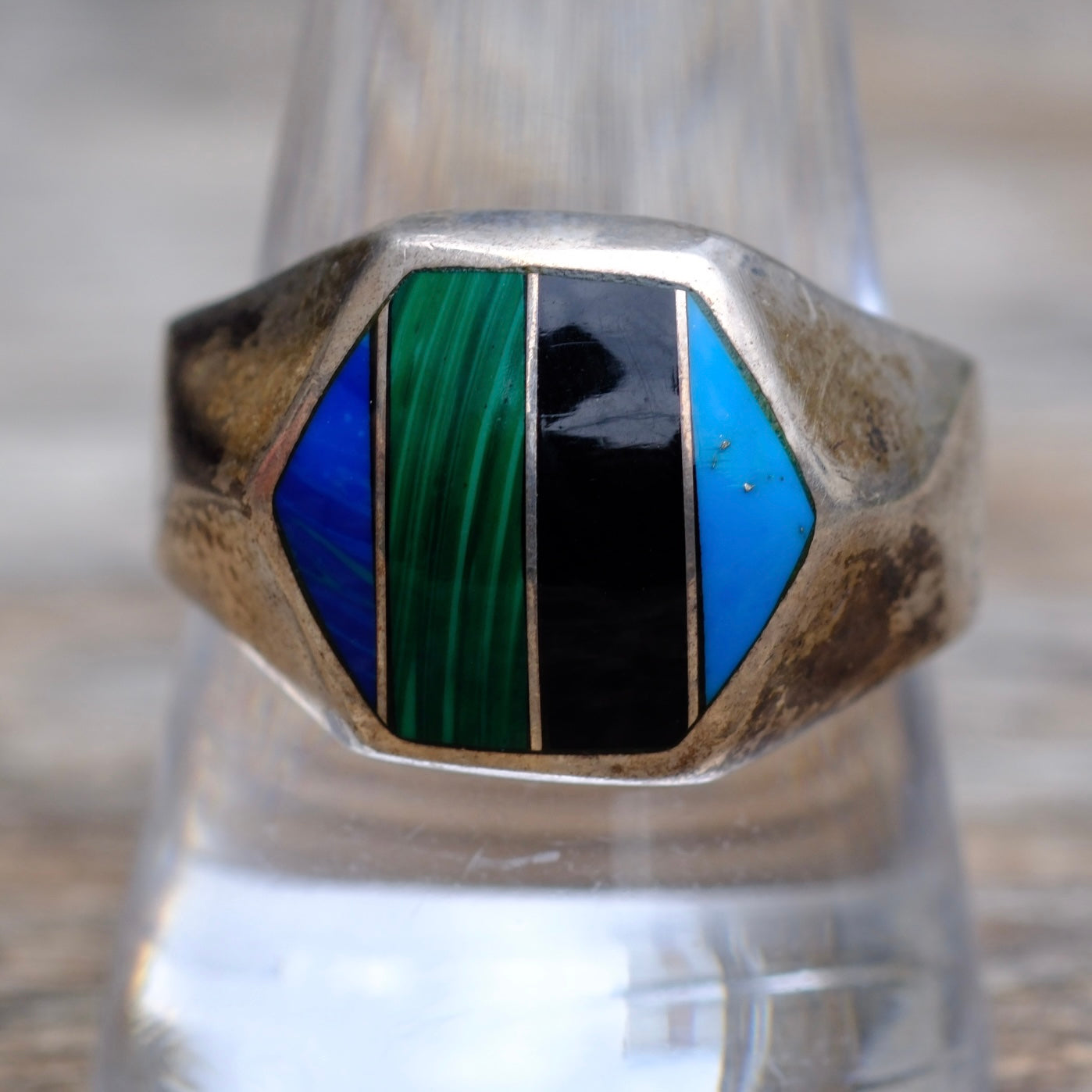 Vintage Sterling Multistone Inlay Striper Ring 10.75