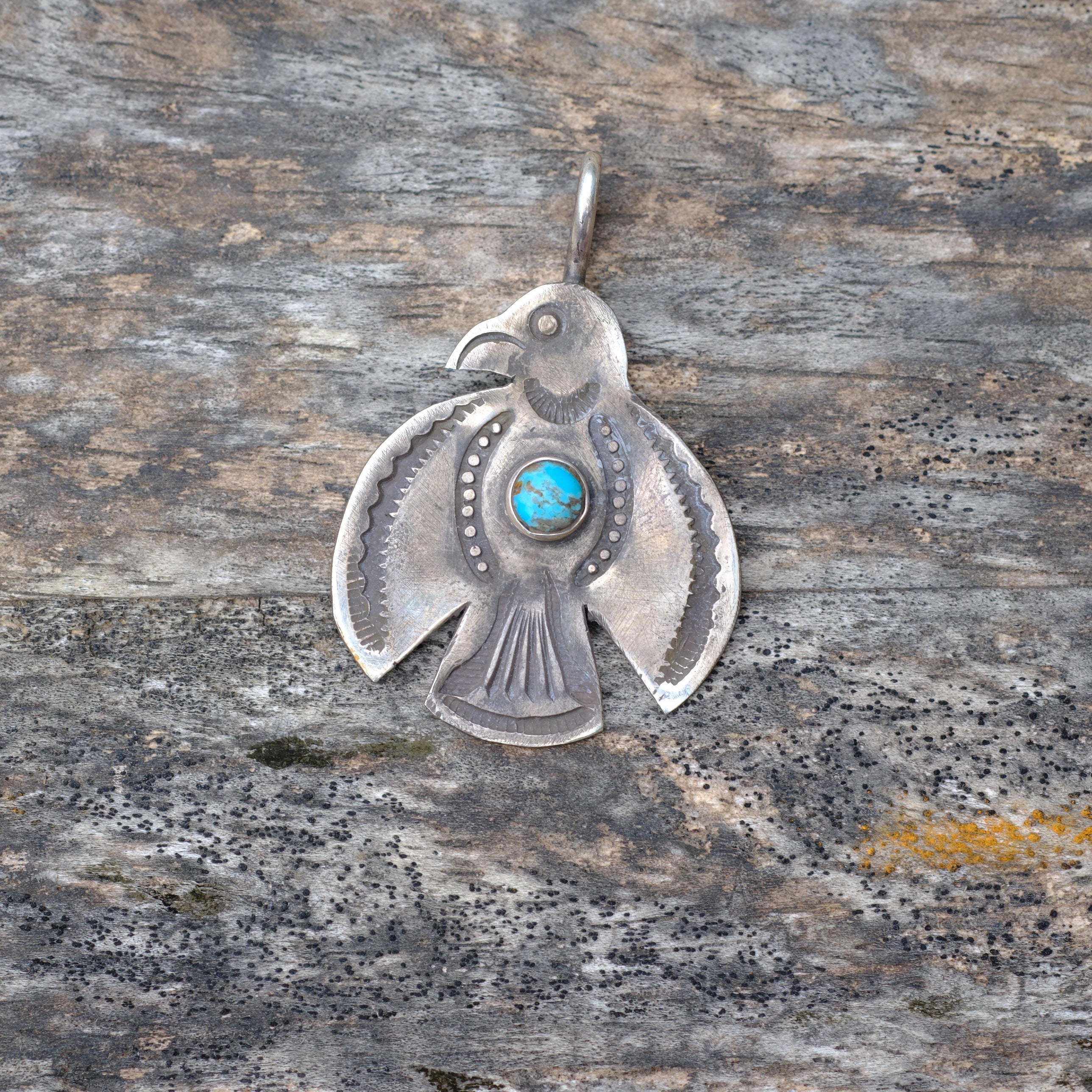 Sterling Silver Stamped Turquoise Thunderbird Necklace