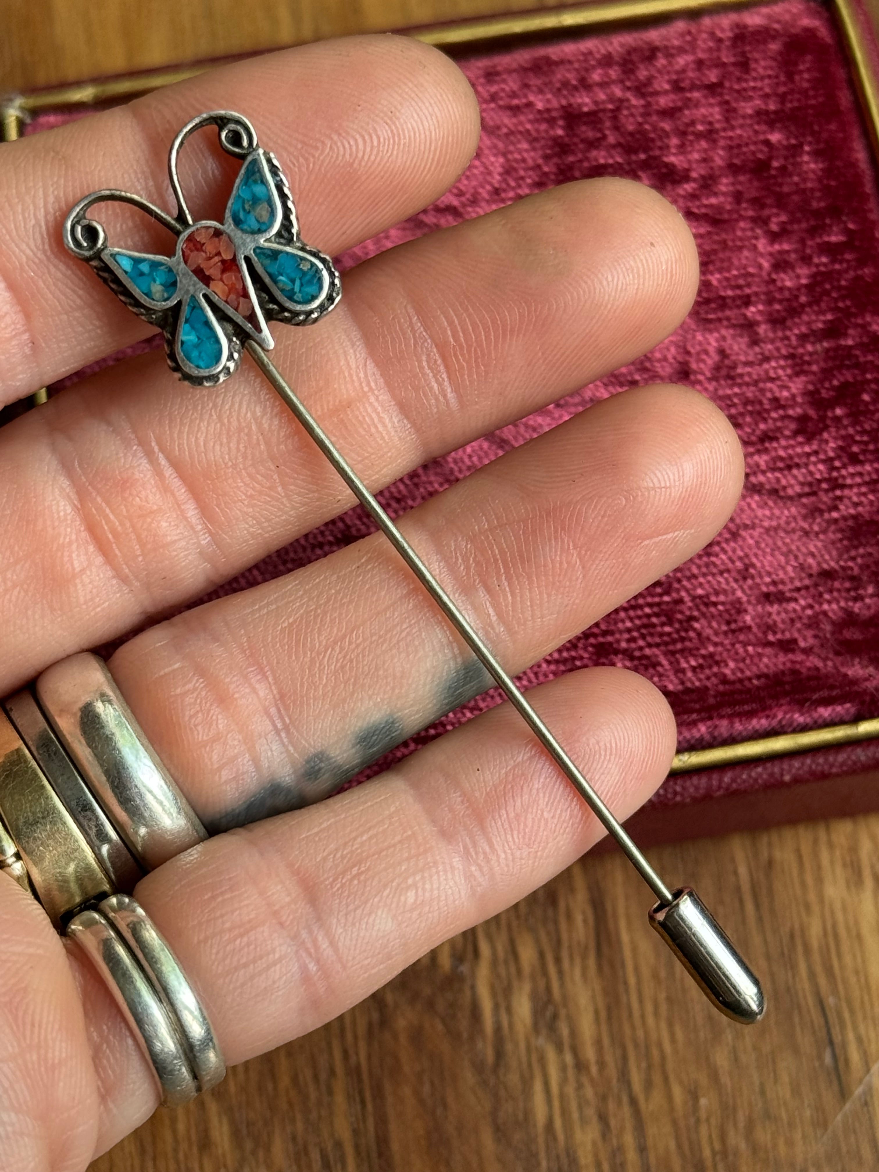 Vintage Sterling Silver Crushed Coral & Turquoise Butterfly Hat Pin