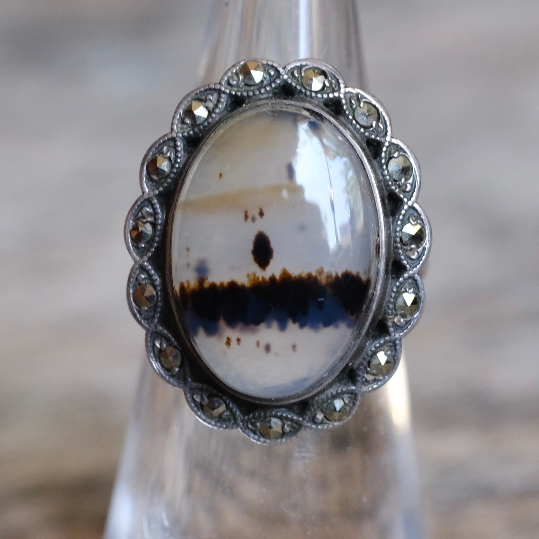 Vintage Sterling Agate Marcasite Ring 4.25
