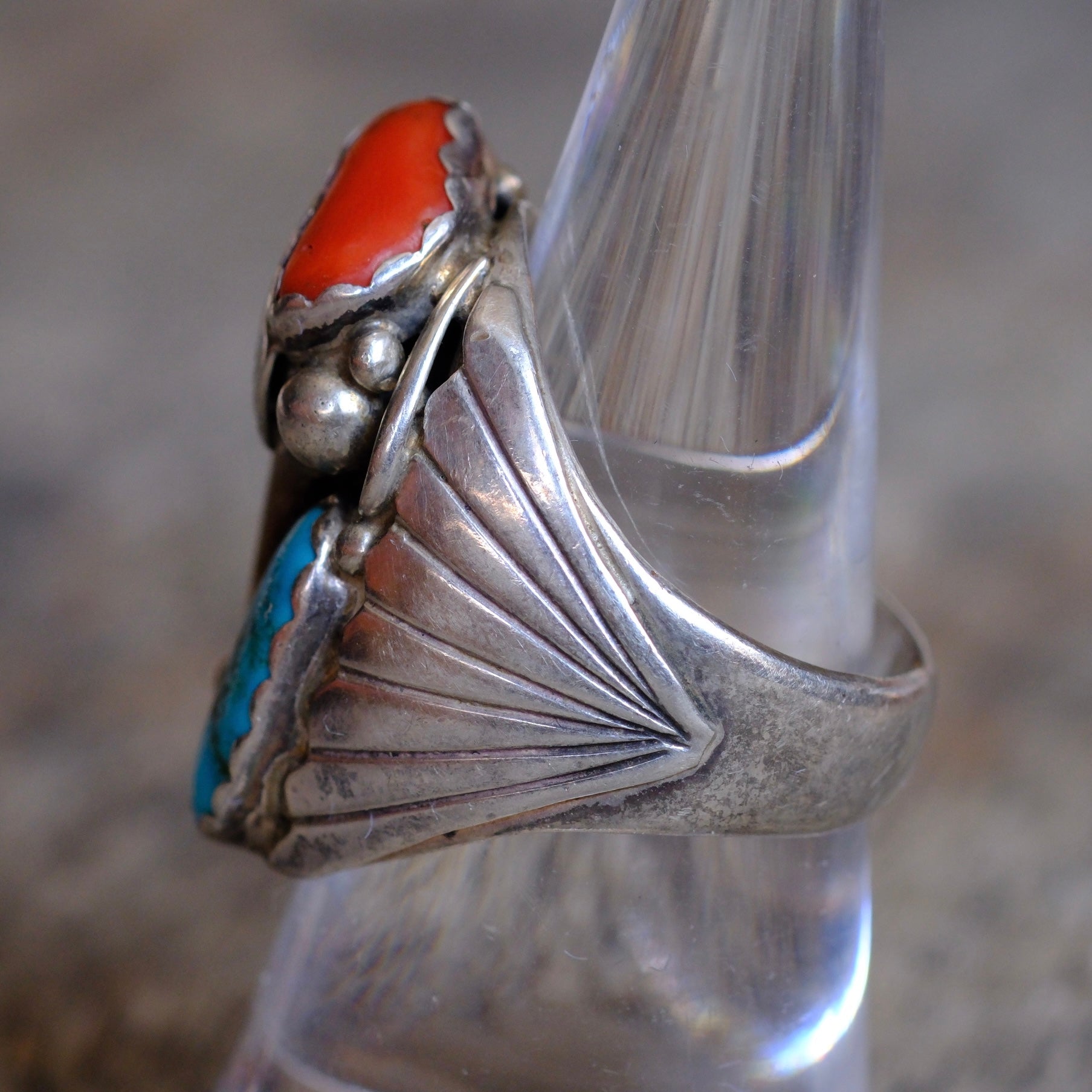 Vintage Sterling Turquoise and Coral Claw Ring 8.25
