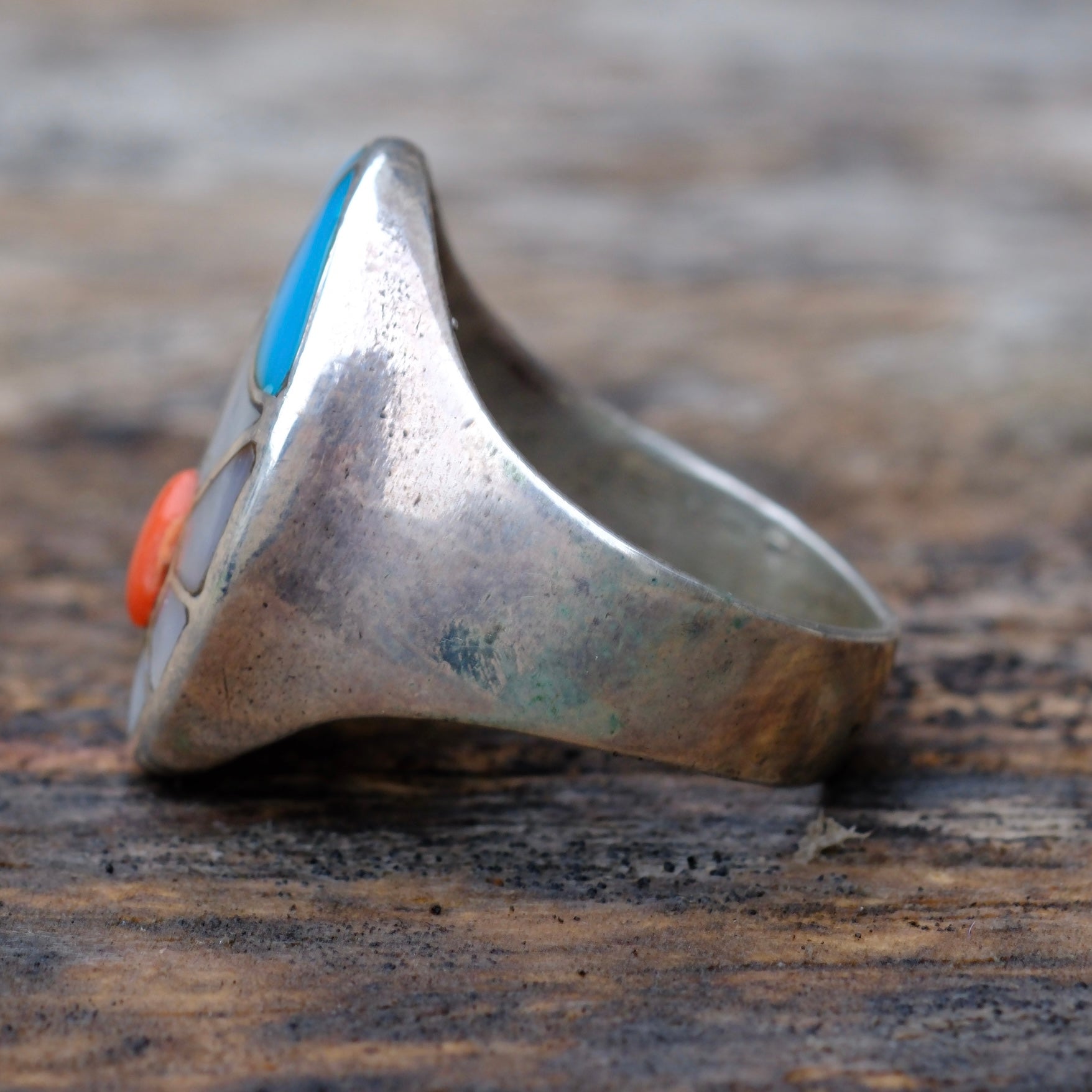 Vintage Sterling Turquoise MOP and Coral Inlay Spiderweb Ring 9.75