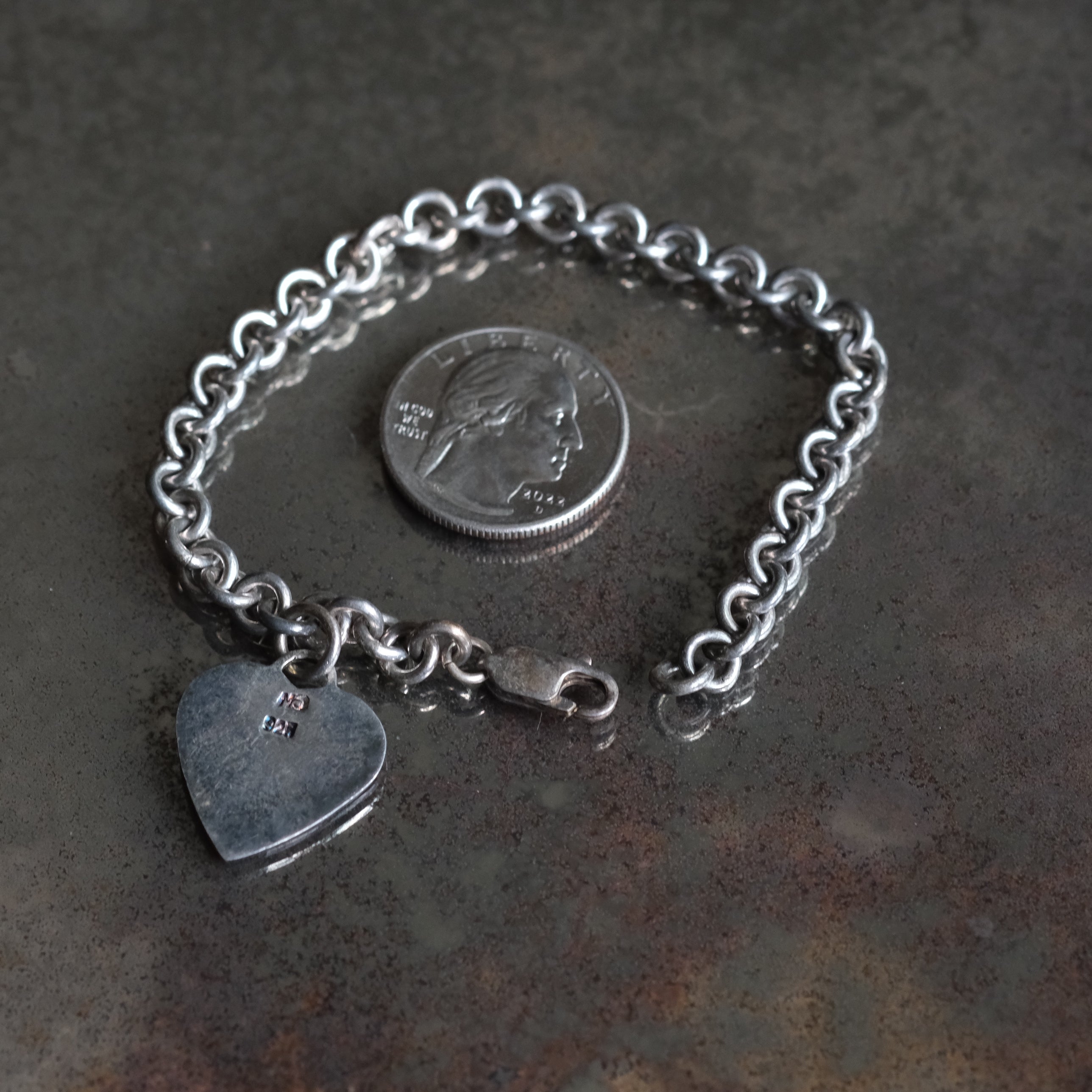 Vintage Sterling Rolo Link Heart ID Bracelet 7.5"