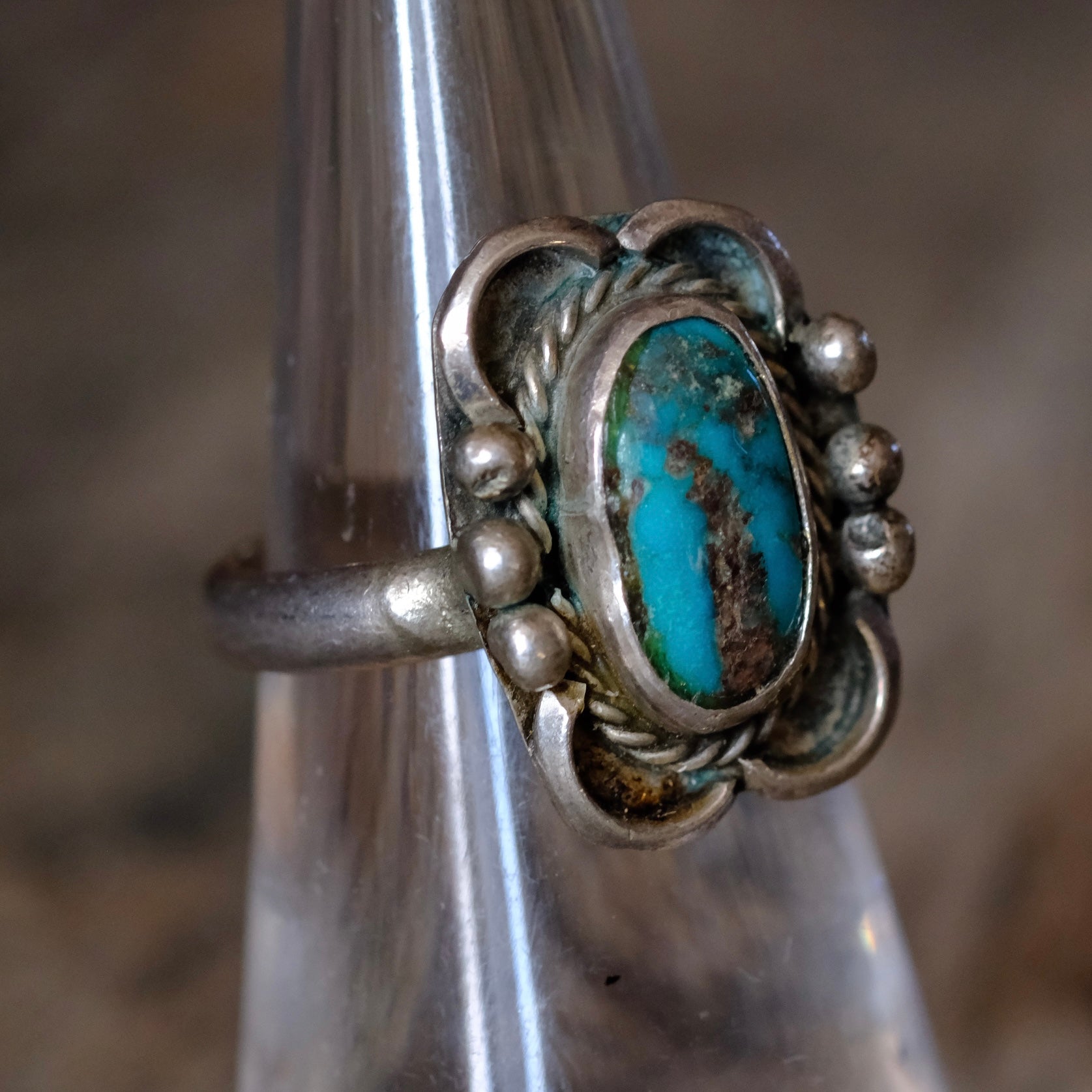 Vintage Sterling Turquoise Florette Ring 6.25