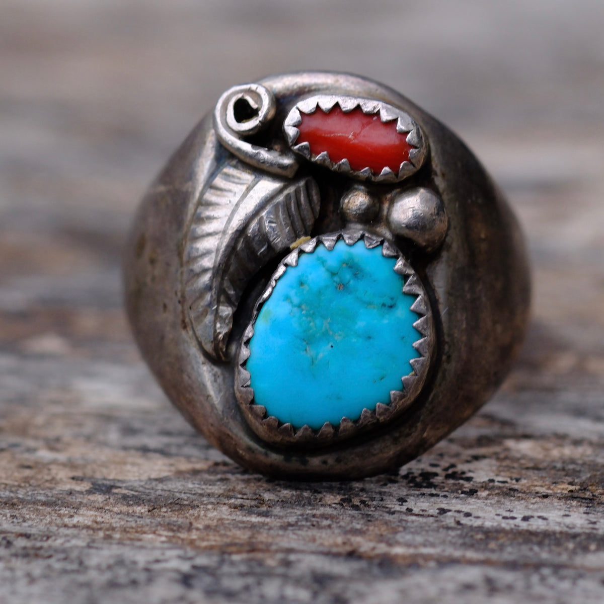 Vintage Sterling Turquoise and Coral Feather Ring 10.5