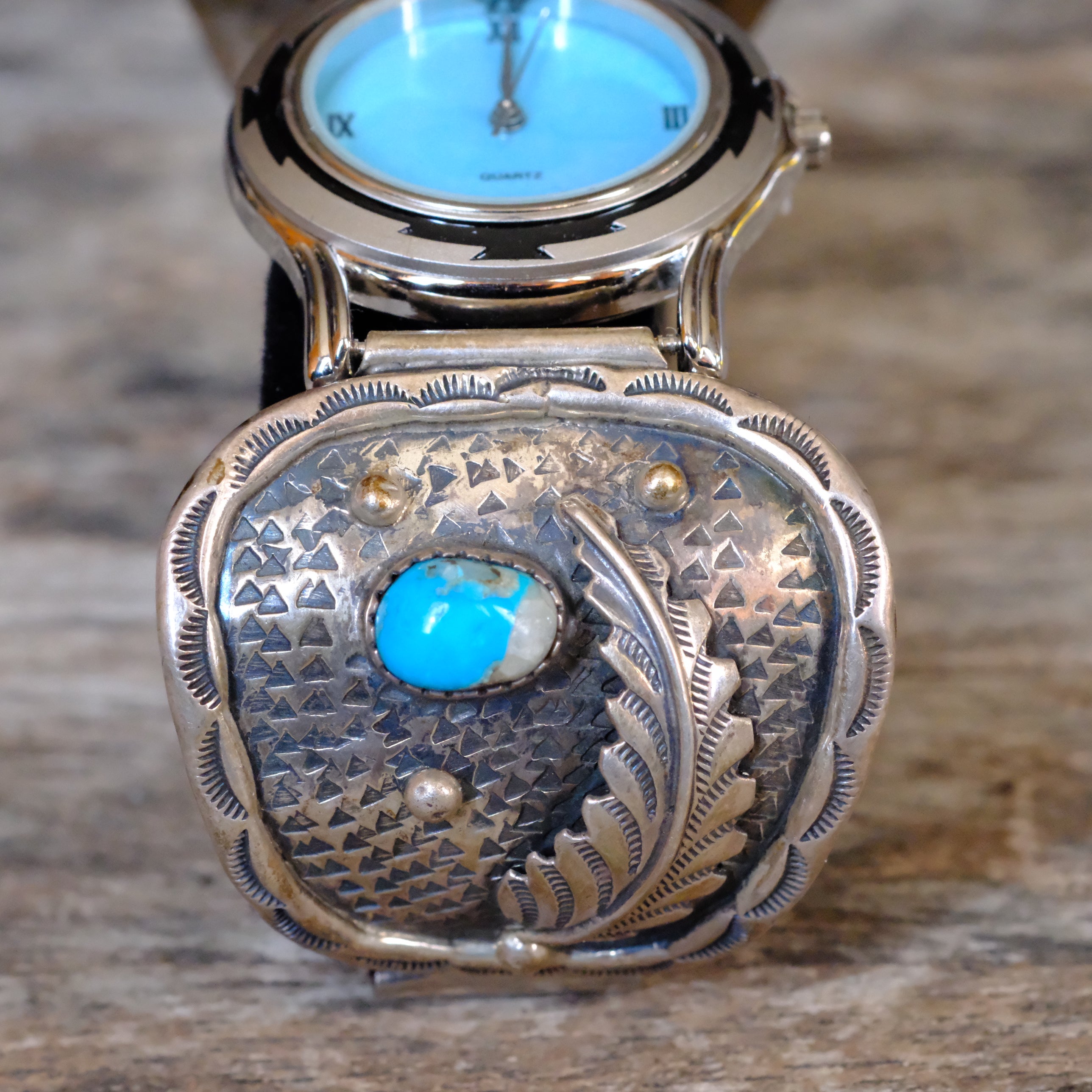 Vintage Sterling Turquoise Feather Watch With Turquoise Dial