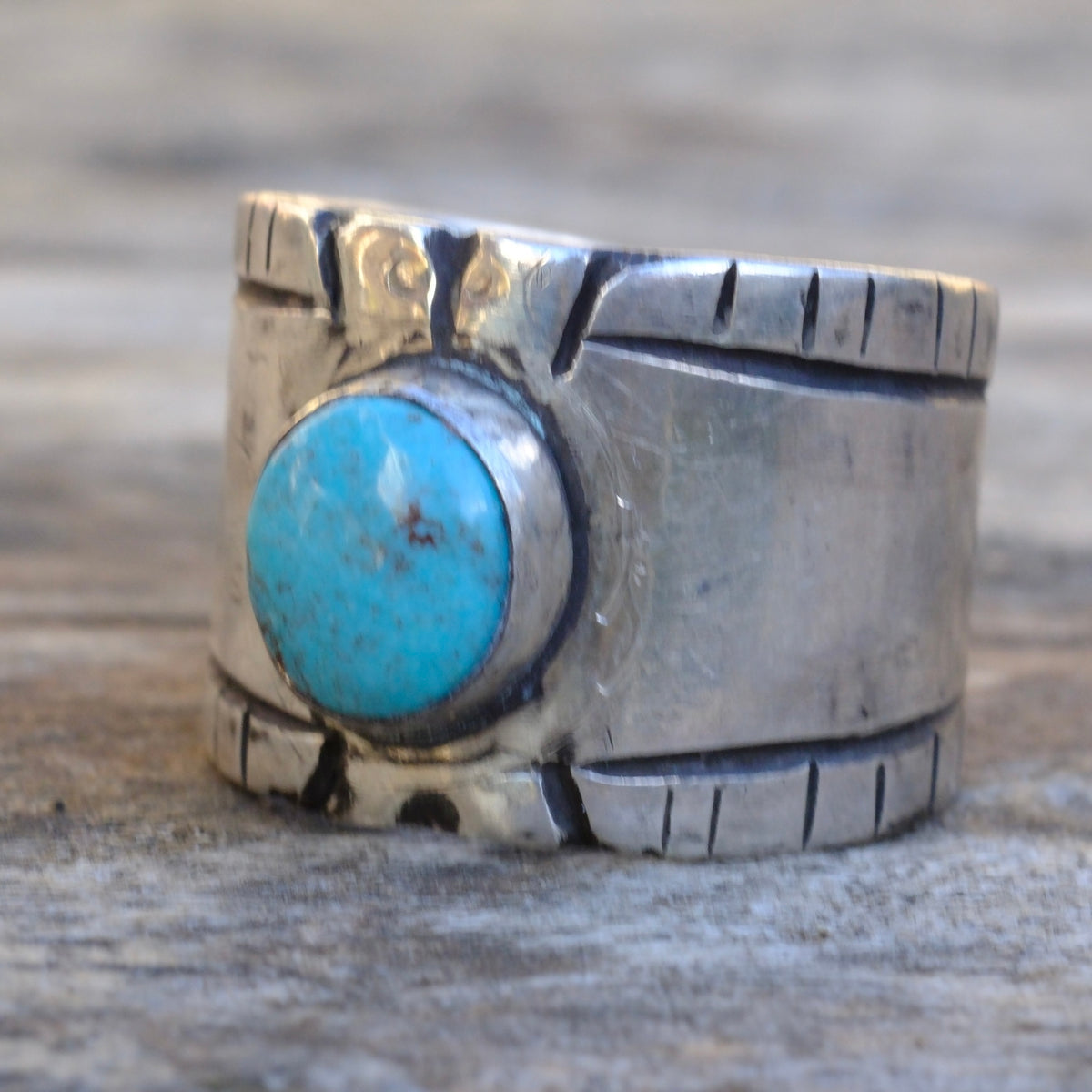 Sterling Silver Bisbee Turquoise Stamped Ring 11