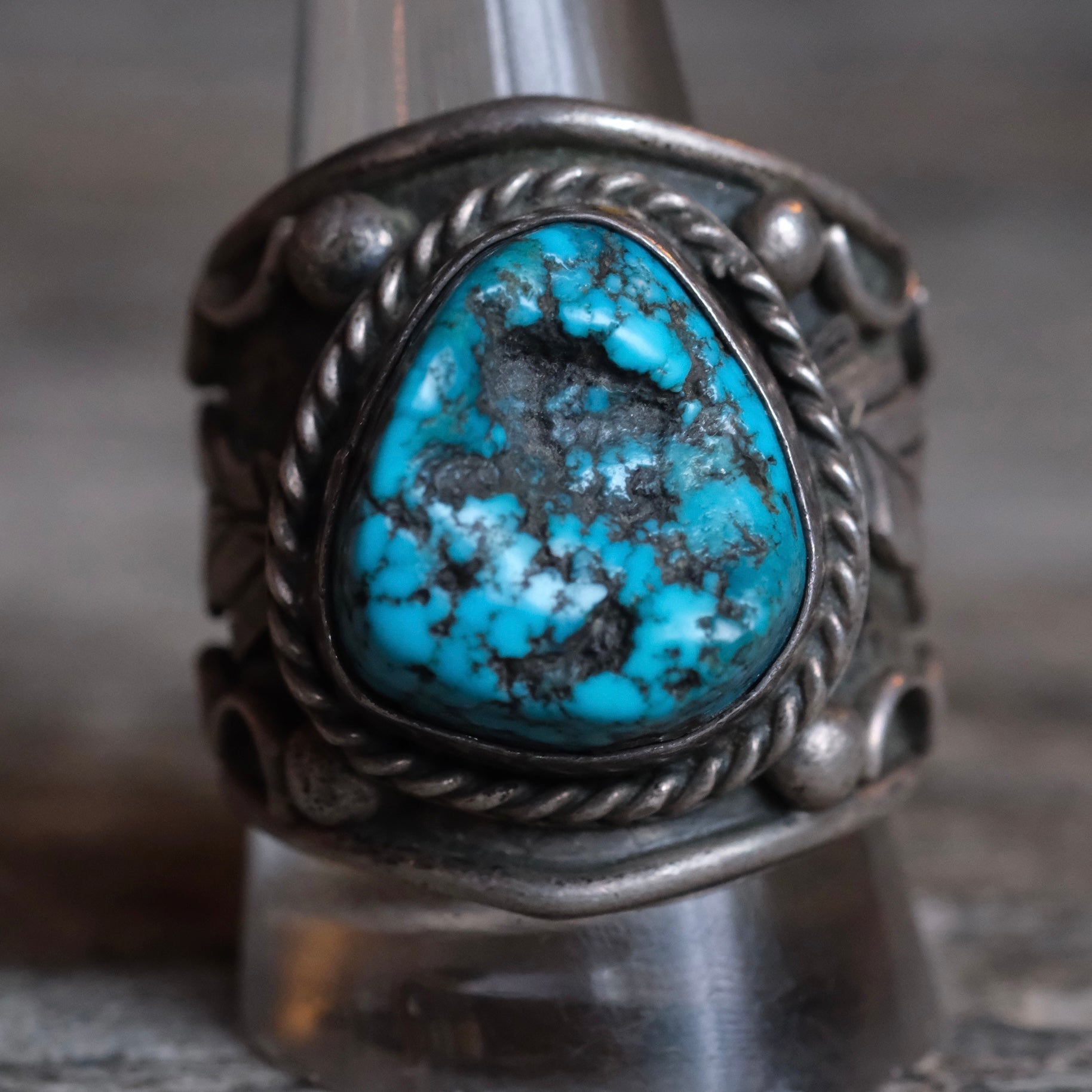 Vintage Sterling Turquoise Feather Cigar Band Ring 12