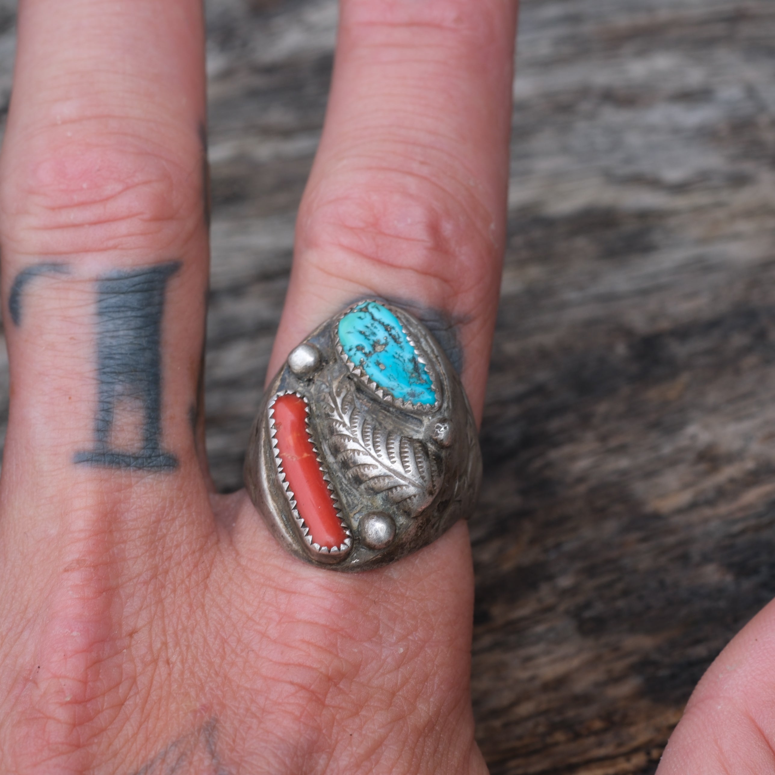 Vintage Sterling Turquoise and Coral Feather Ring 11