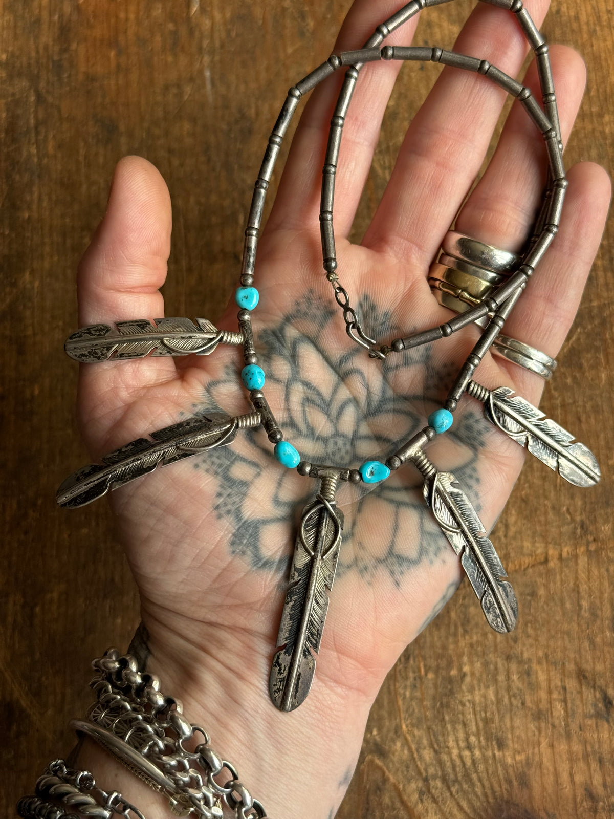 Vintage Sterling Silver Five Feather Turquoise Necklace