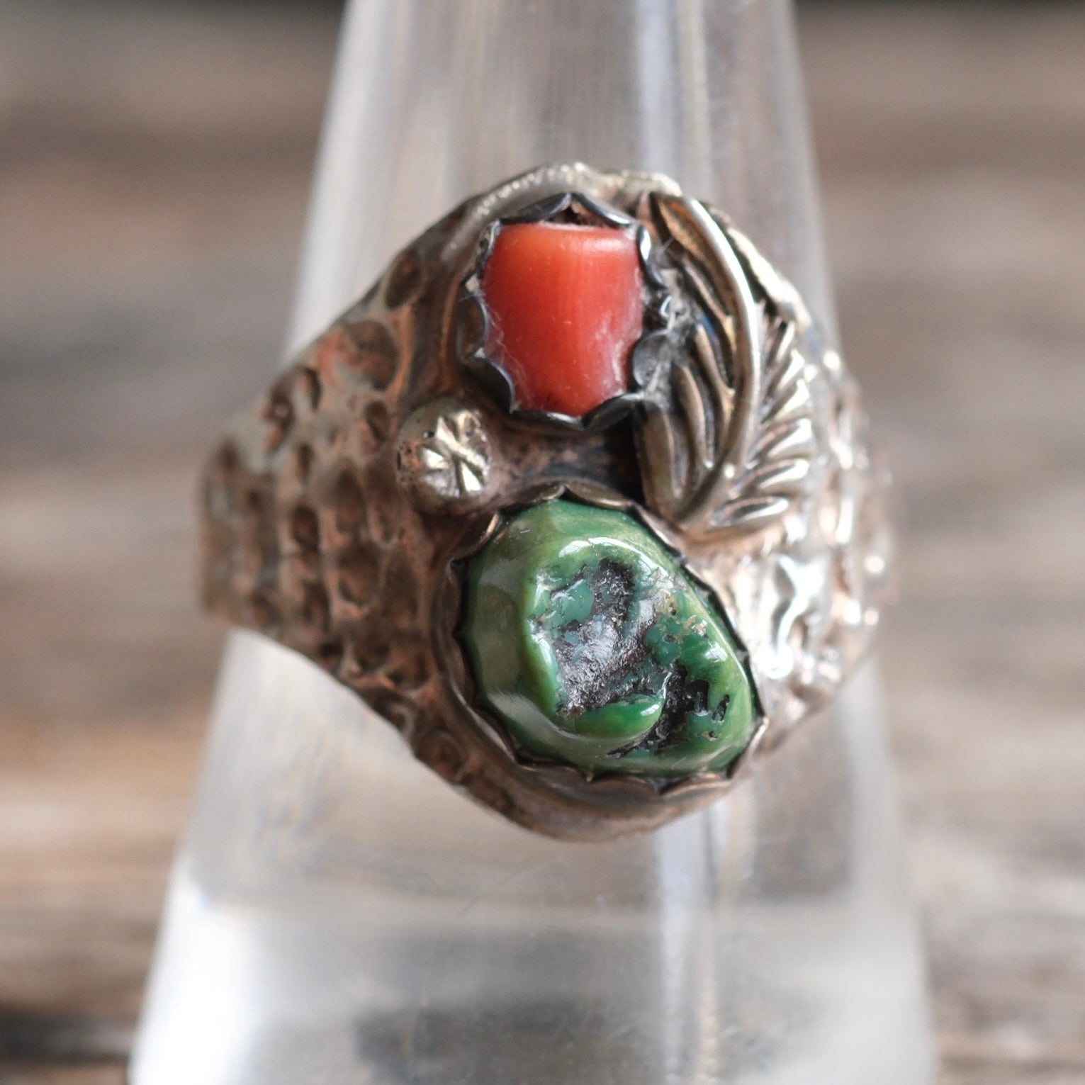 Vintage Sterling Turquoise and Coral Feather Ring 10.5