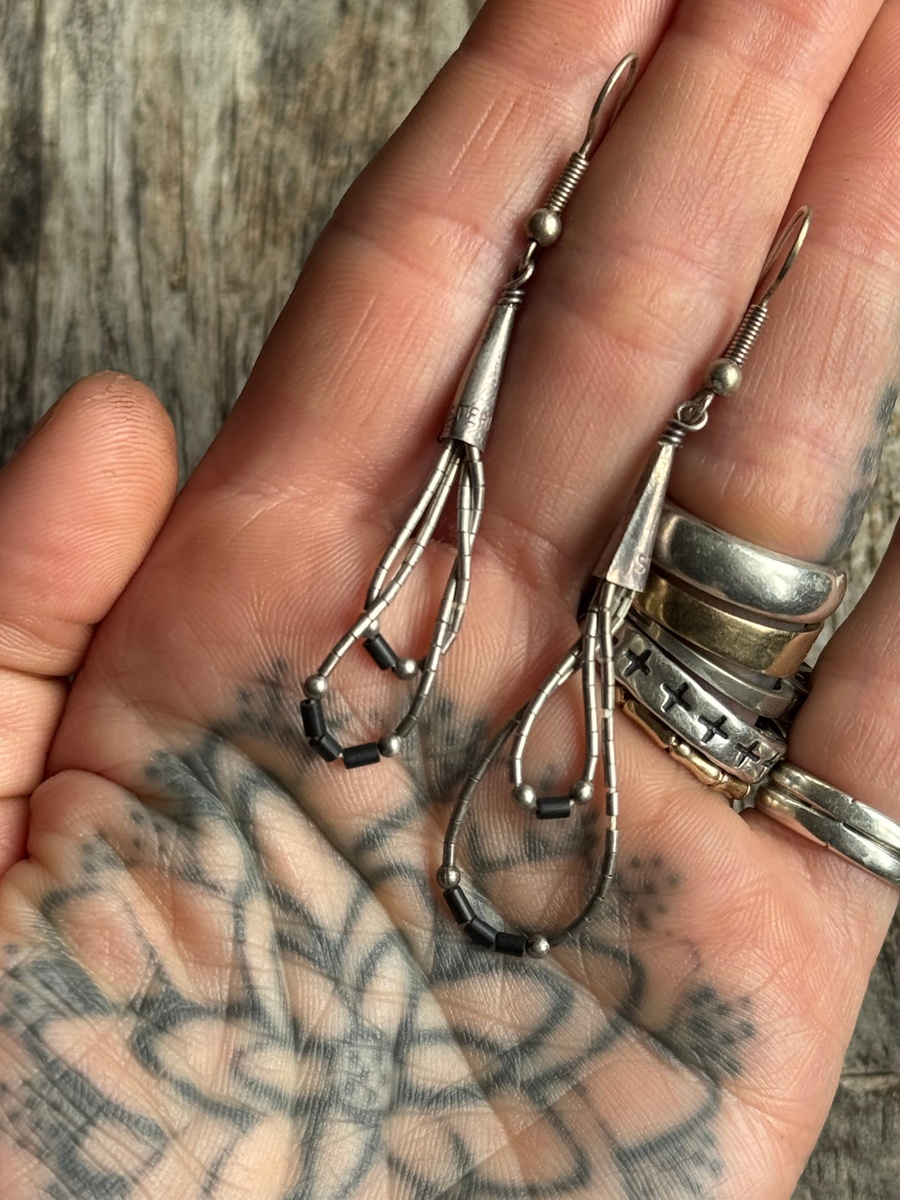Vintage Sterling Silver Onyx Beaded Liquid Silver Earrings