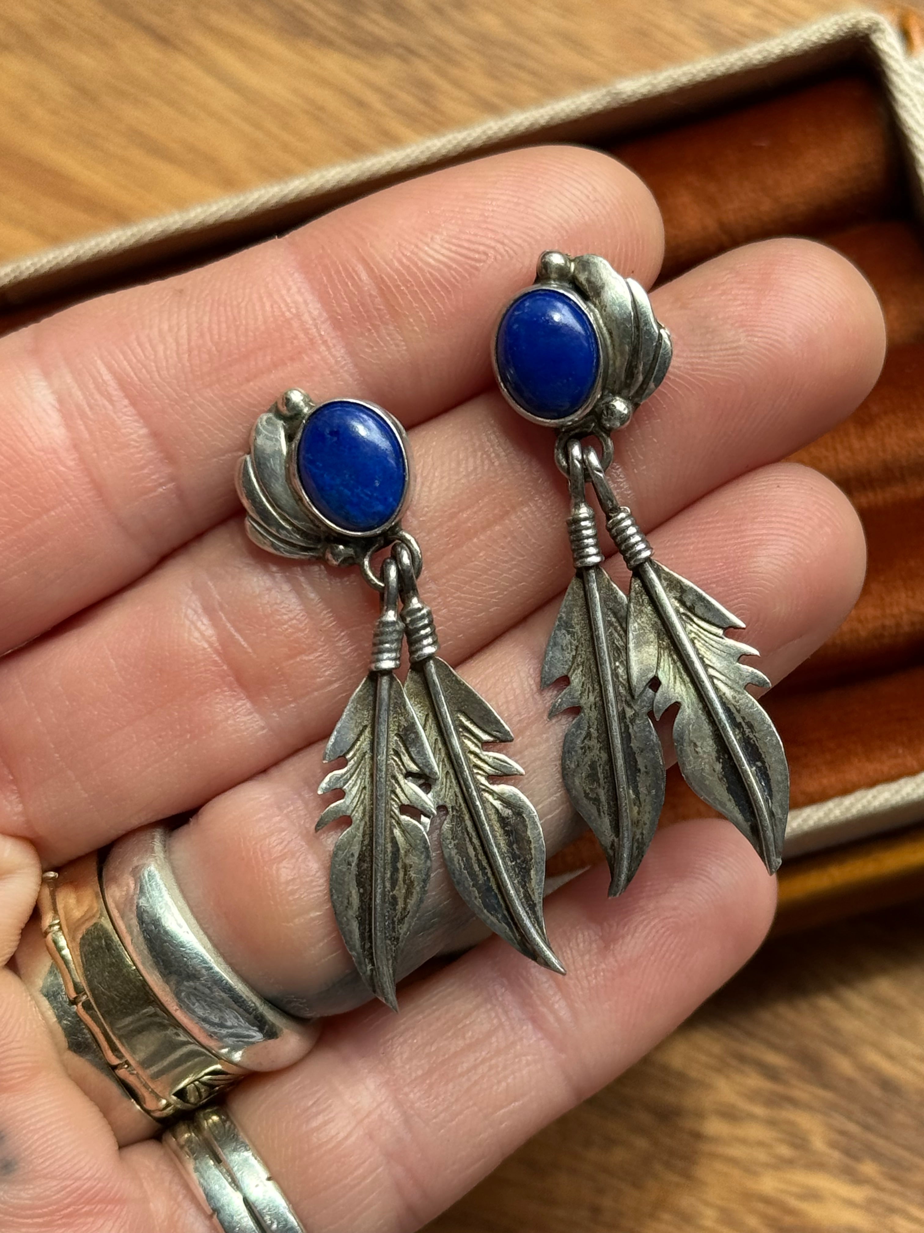 Vintage Sterling Silver Lapis Lazuli Feather Earrings