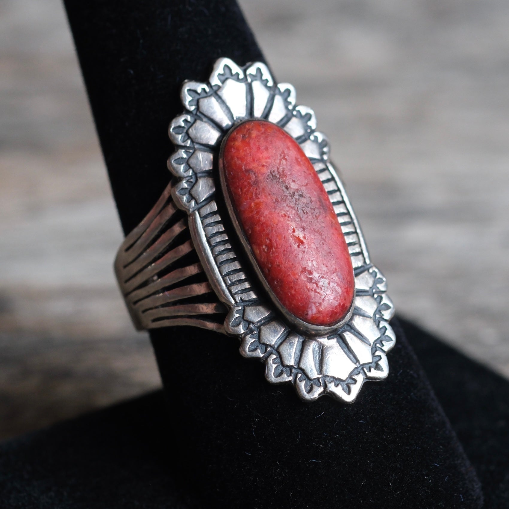 Vintage Sterling Red Jasper Concho Ring 8.5