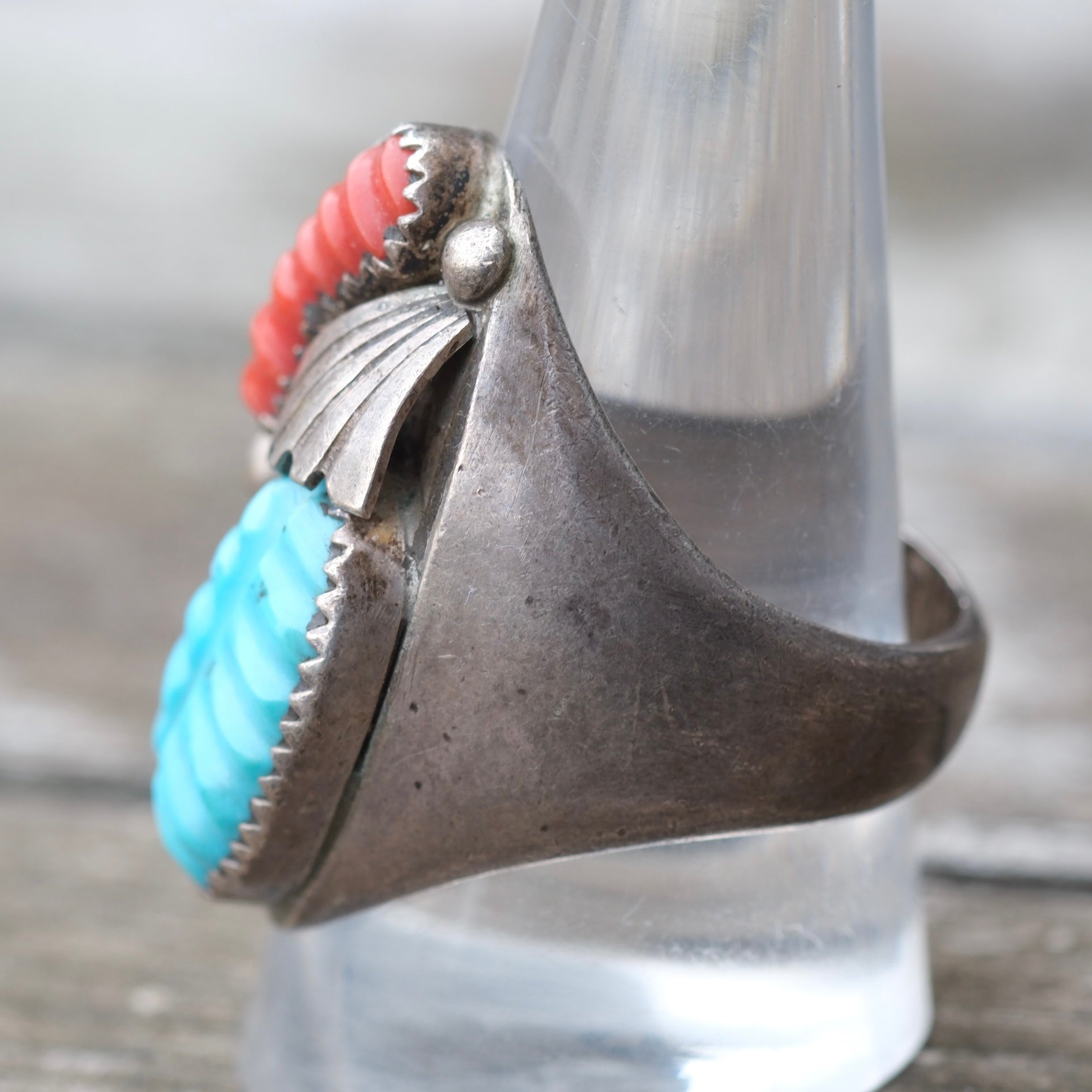 Vintage Sterling Faceted Turquoise and Coral Ring 11