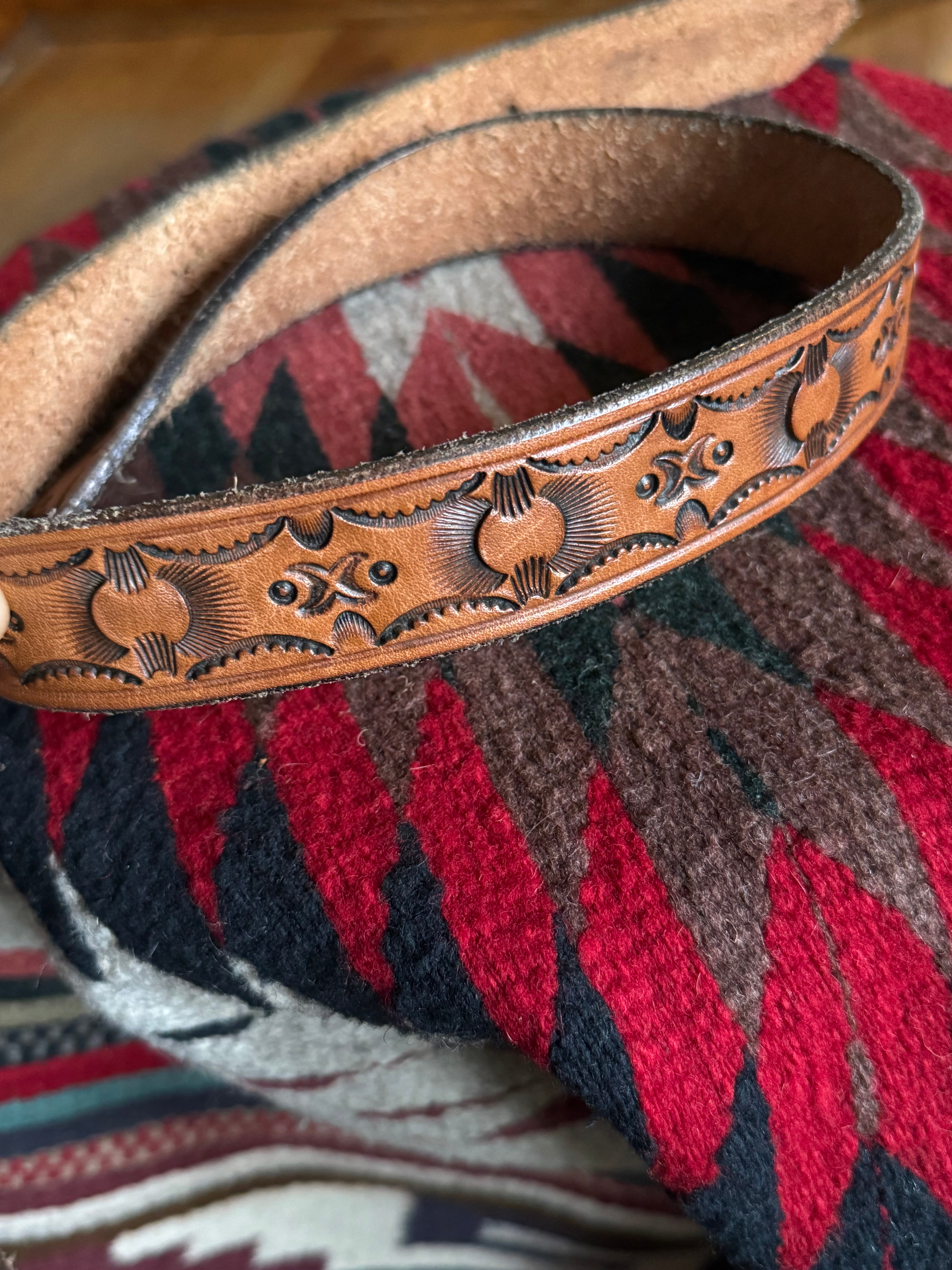 Vintage Hand Tooled Brown Leather Sun Stamped Belt