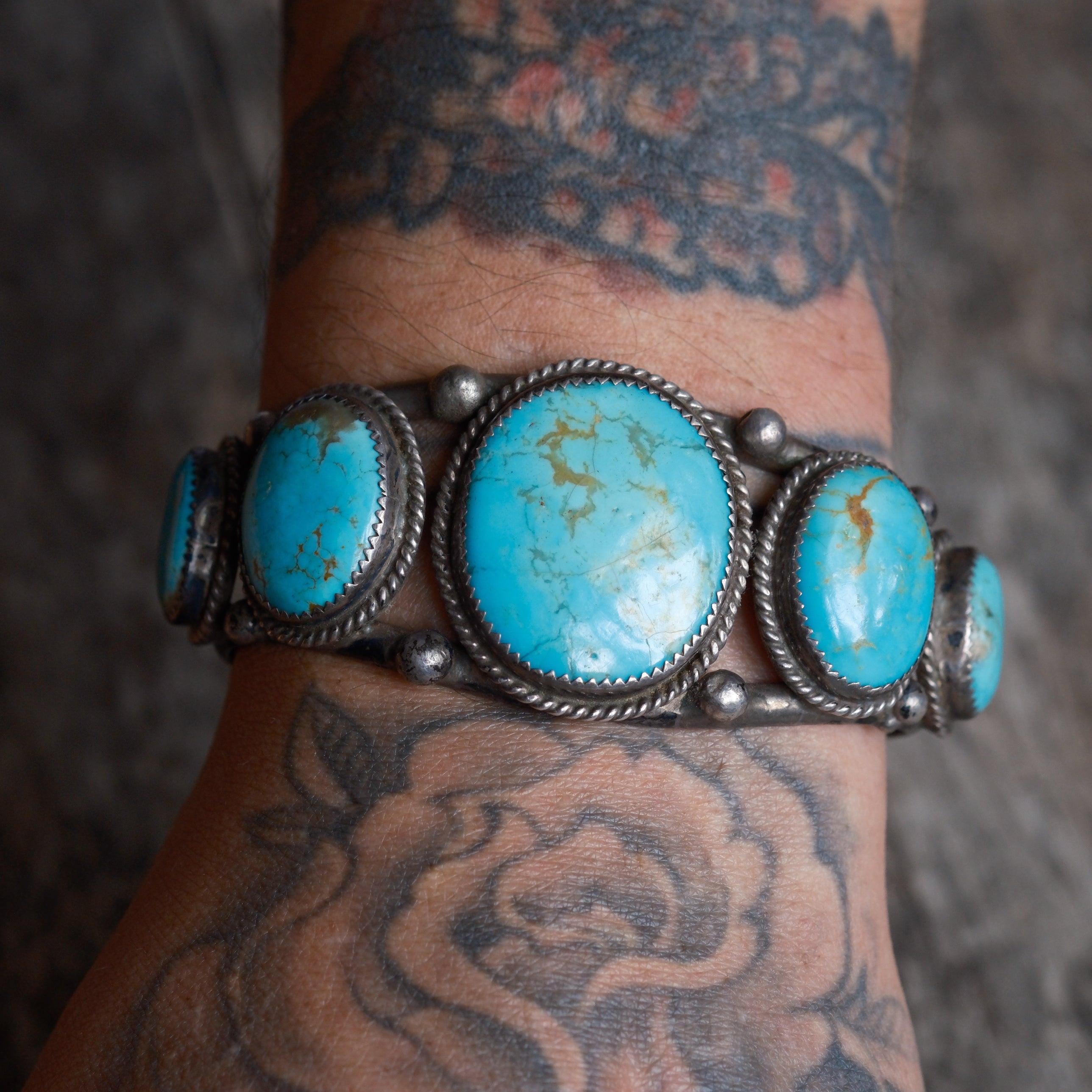 Heavy Vintage Sterling 5-Stone Turquoise Roper Cuff Bracelet
