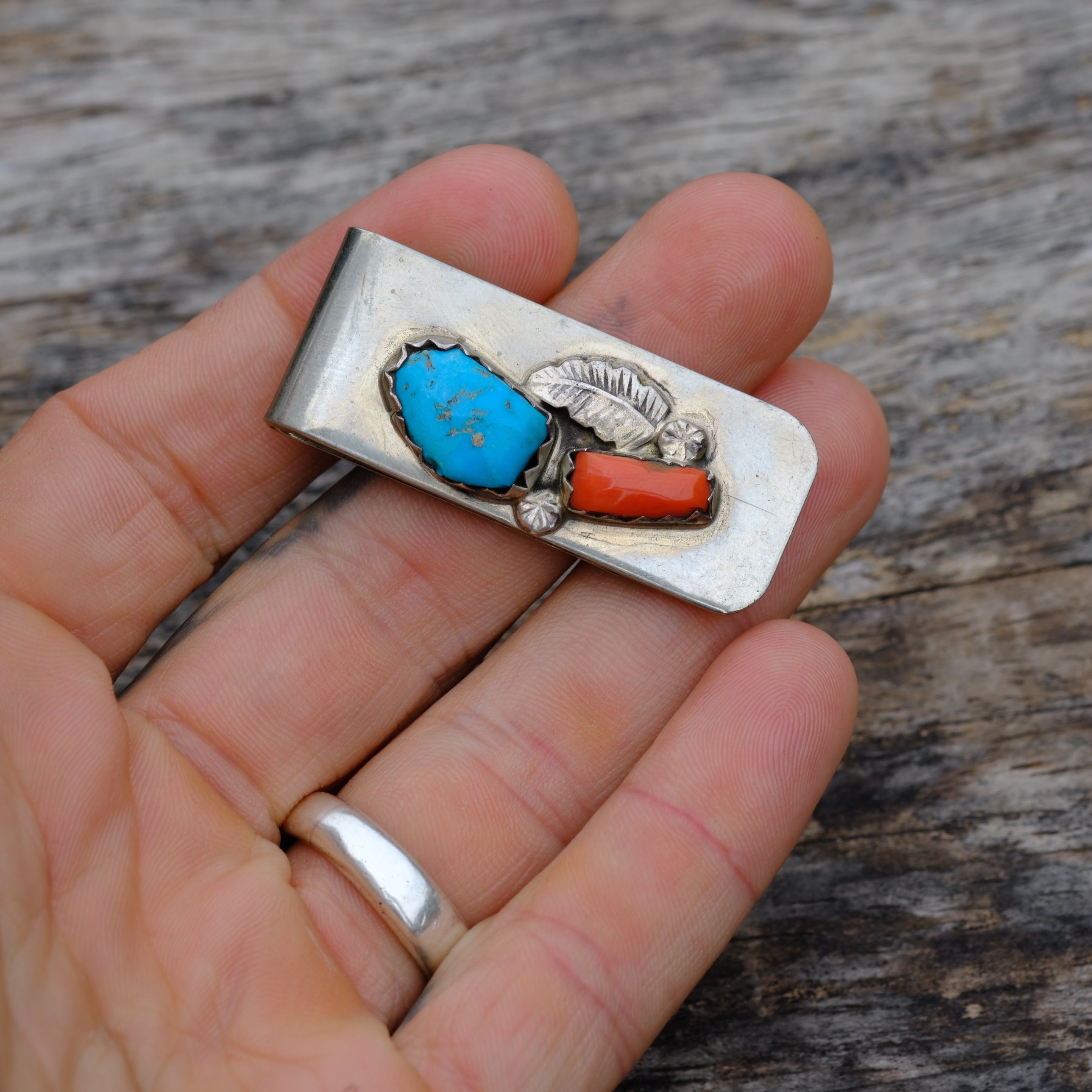 Vintage Turquoise and Coral Feather Money Clip
