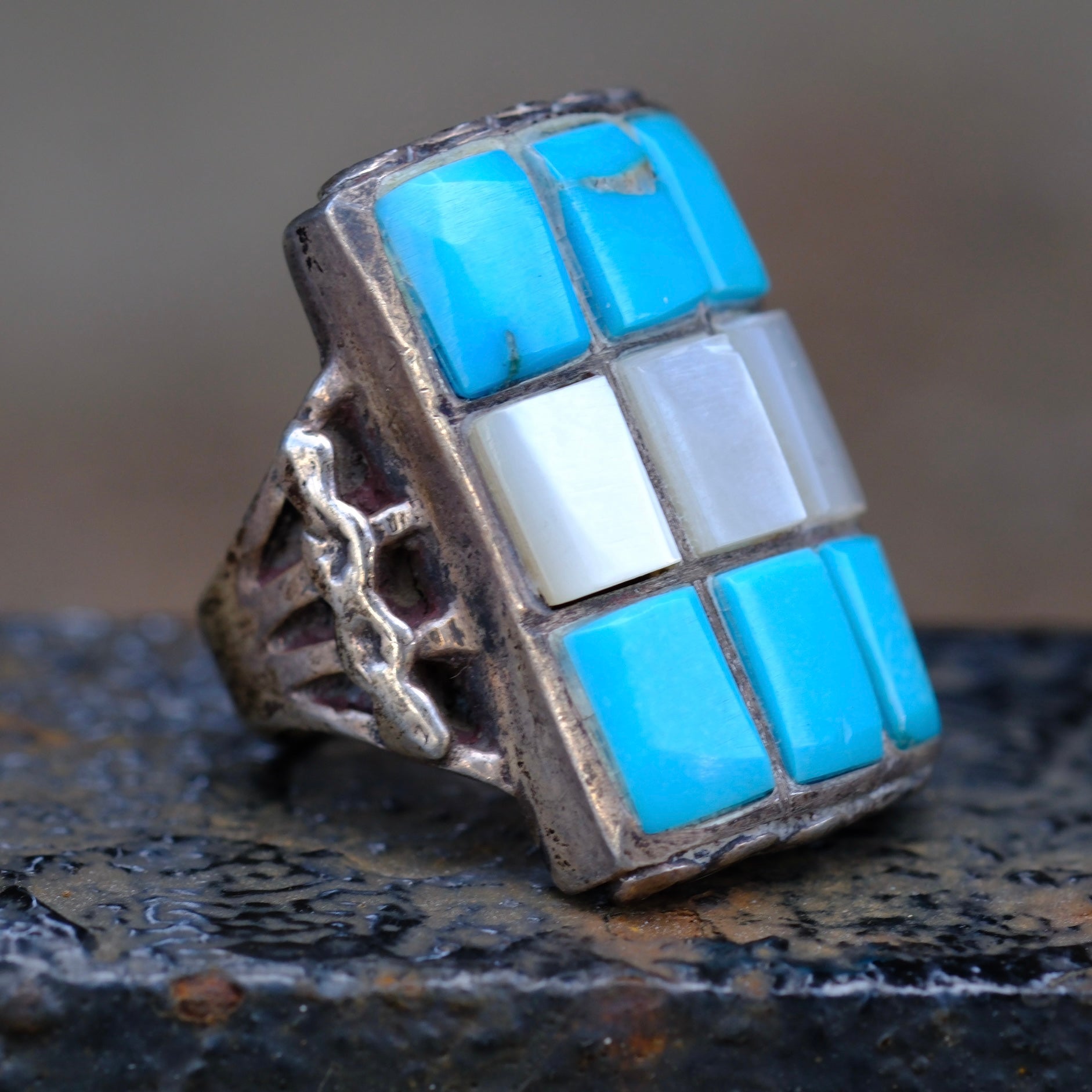 Vintage Sterling Turquoise and Mother Of Pearl Inlay Ring 5.5
