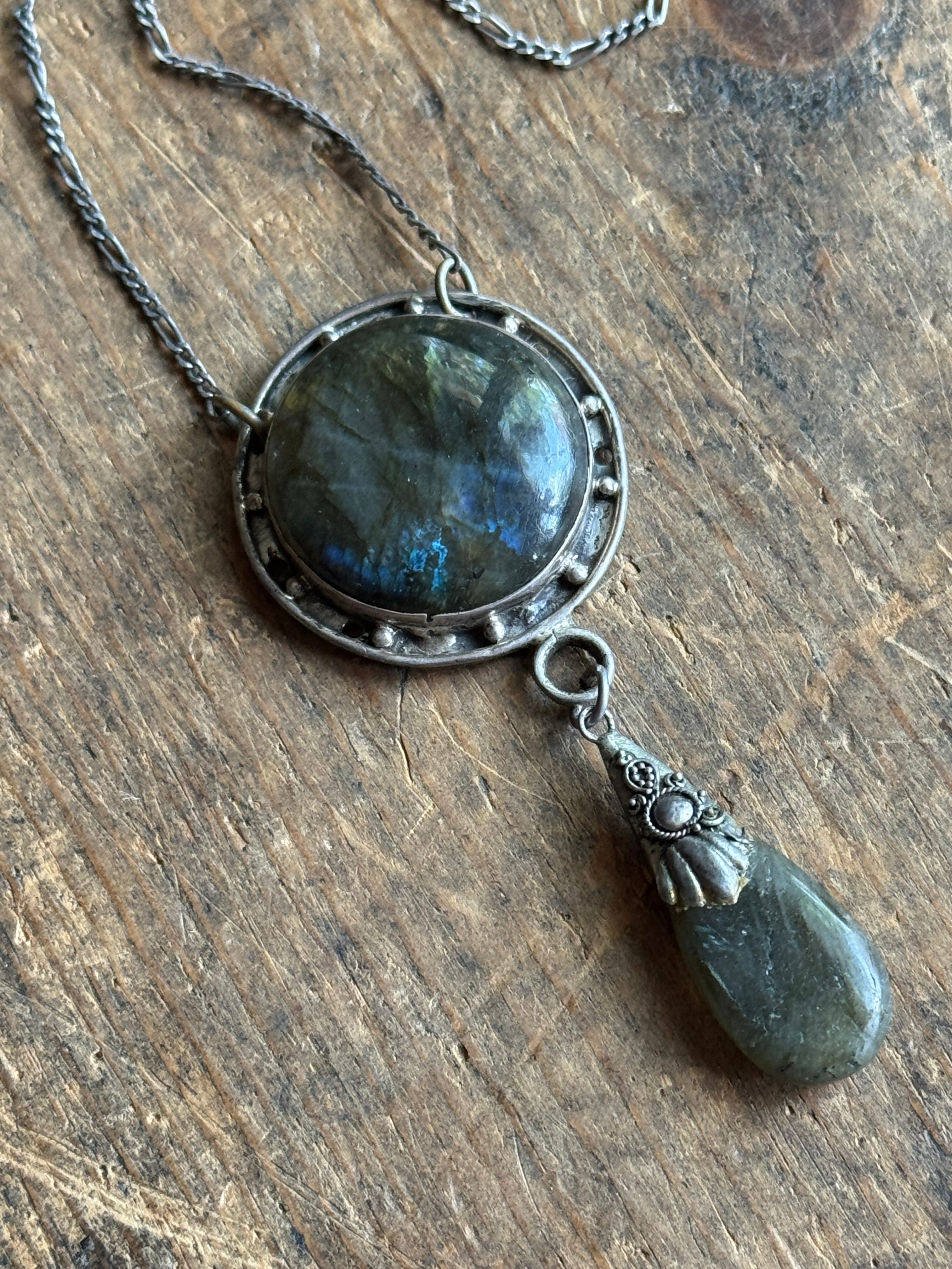 Vintage Sterling Silver Modernist Labradorite Teardrop Necklace