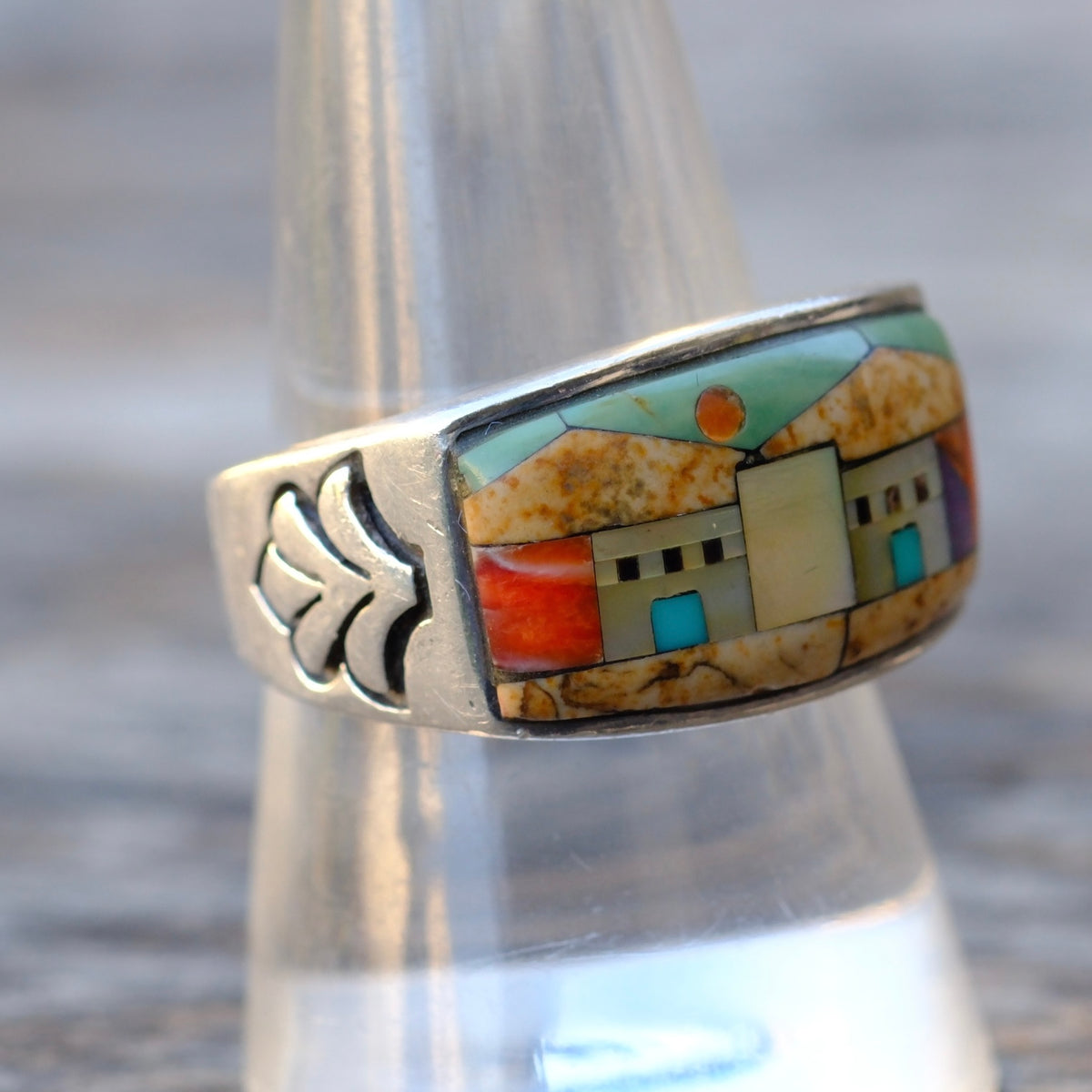 Vintage Sterling Inlay Pueblo Ring 9.5