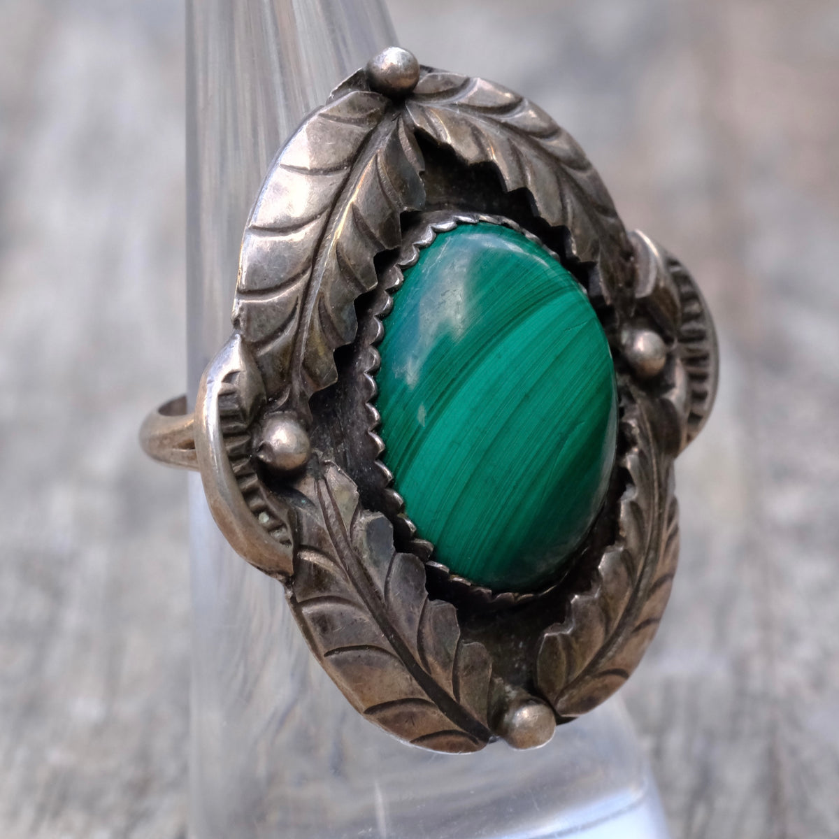 Vintage Sterling Malachite Feather Ring 6
