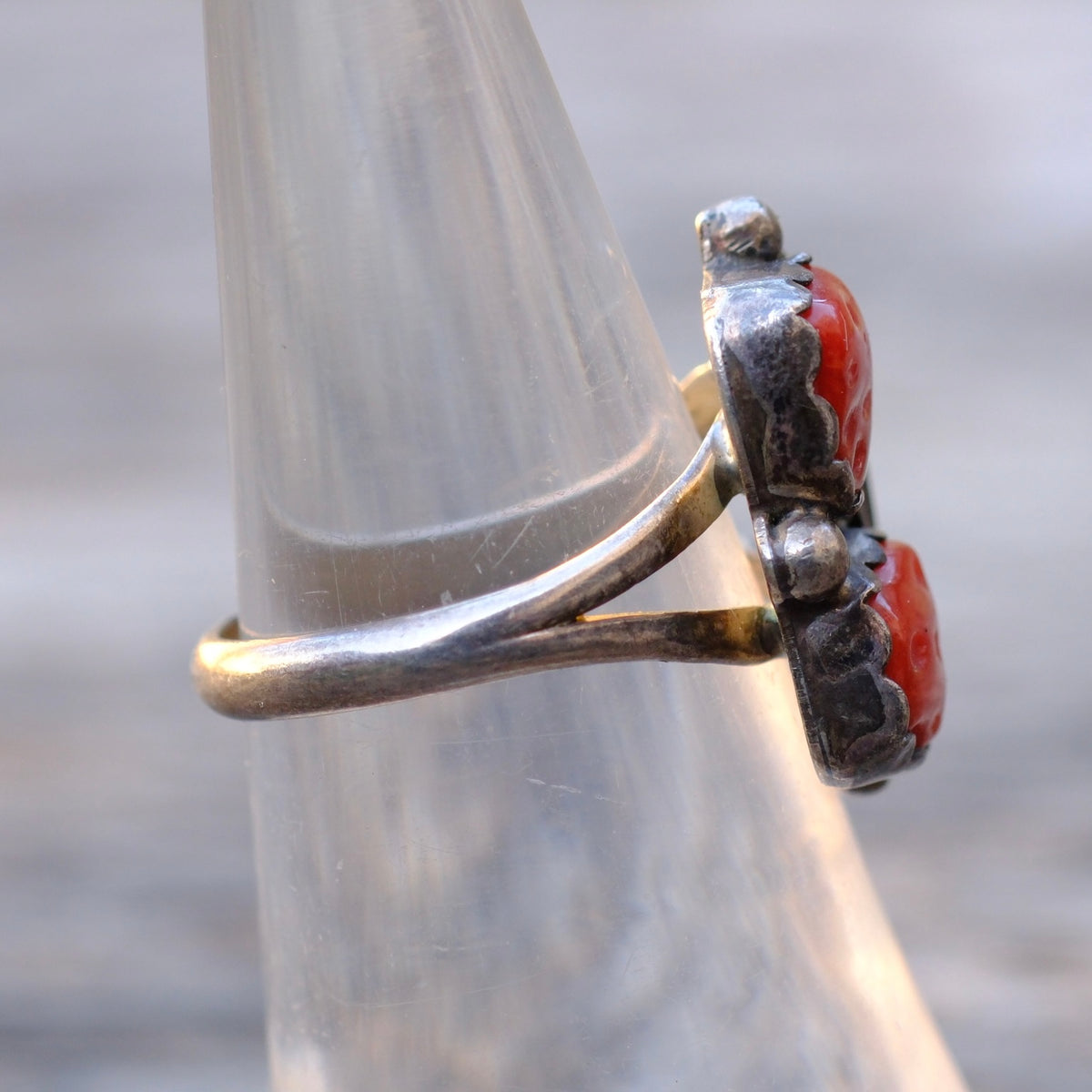 Vintage Sterling 2-Stone Coral Feather Ring 6