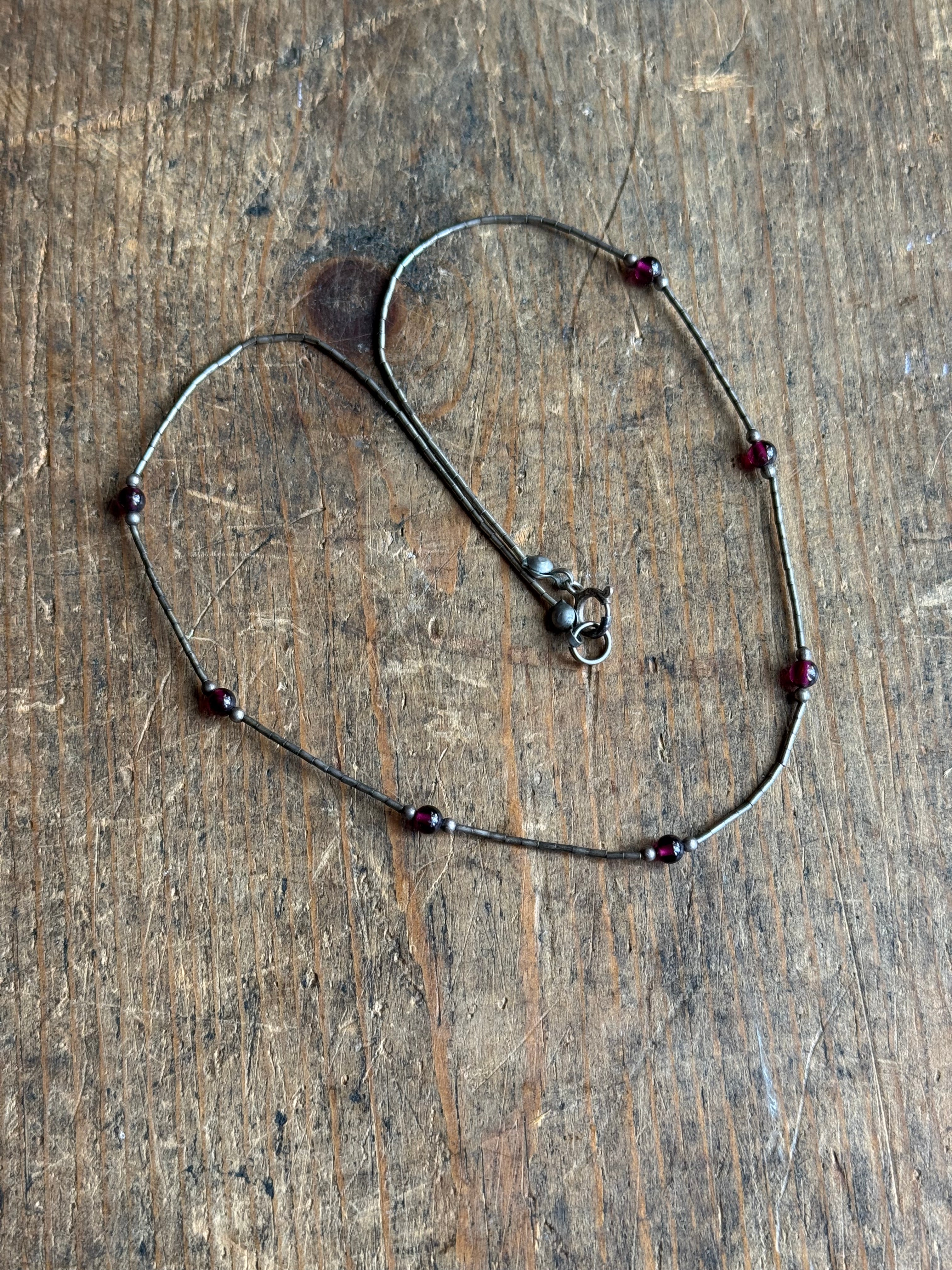 Vintage Sterling Silver 16” Garnet & Silver Bead Necklace