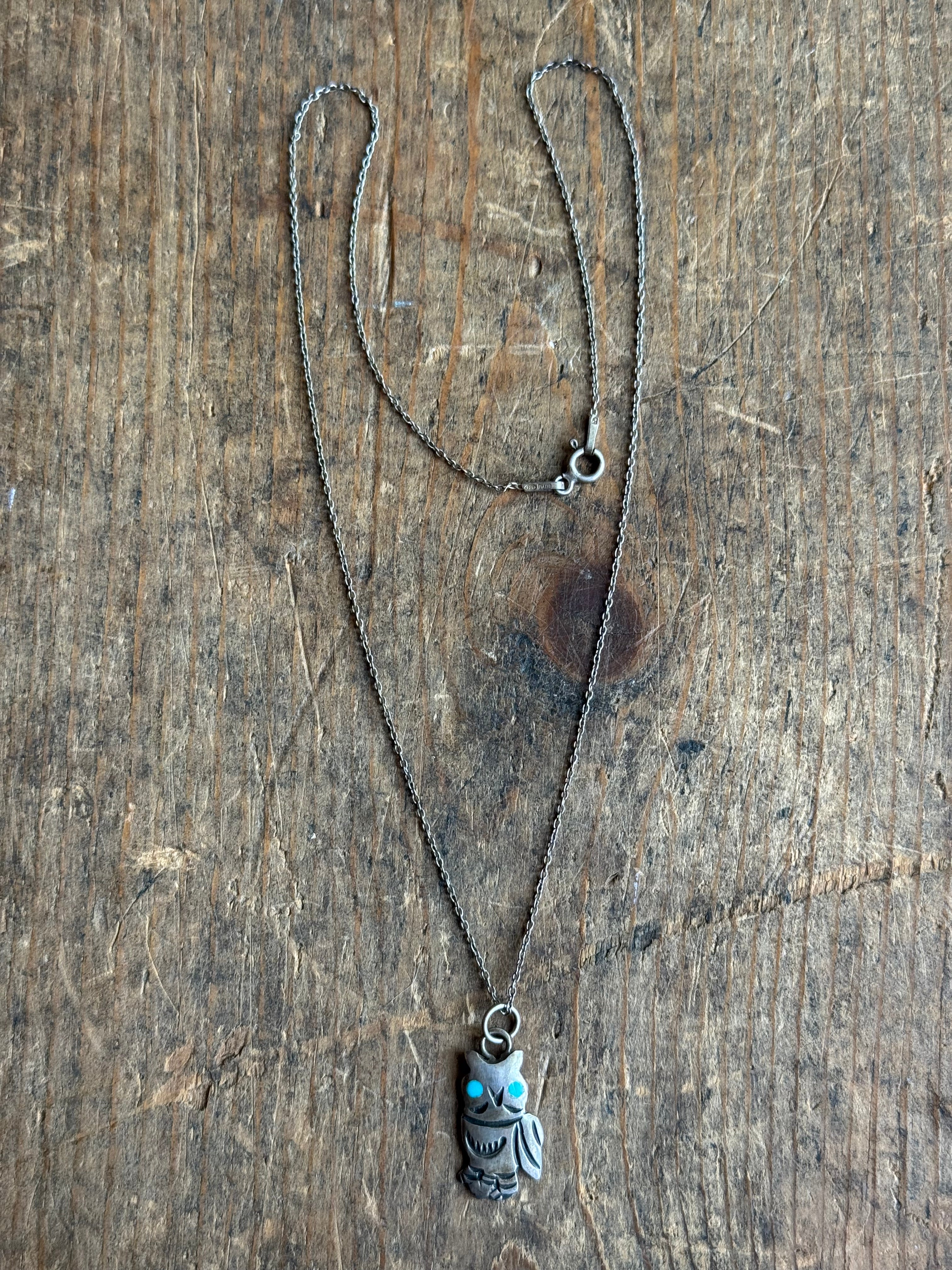 Vintage Sterling Silver Turquoise Owl Necklace