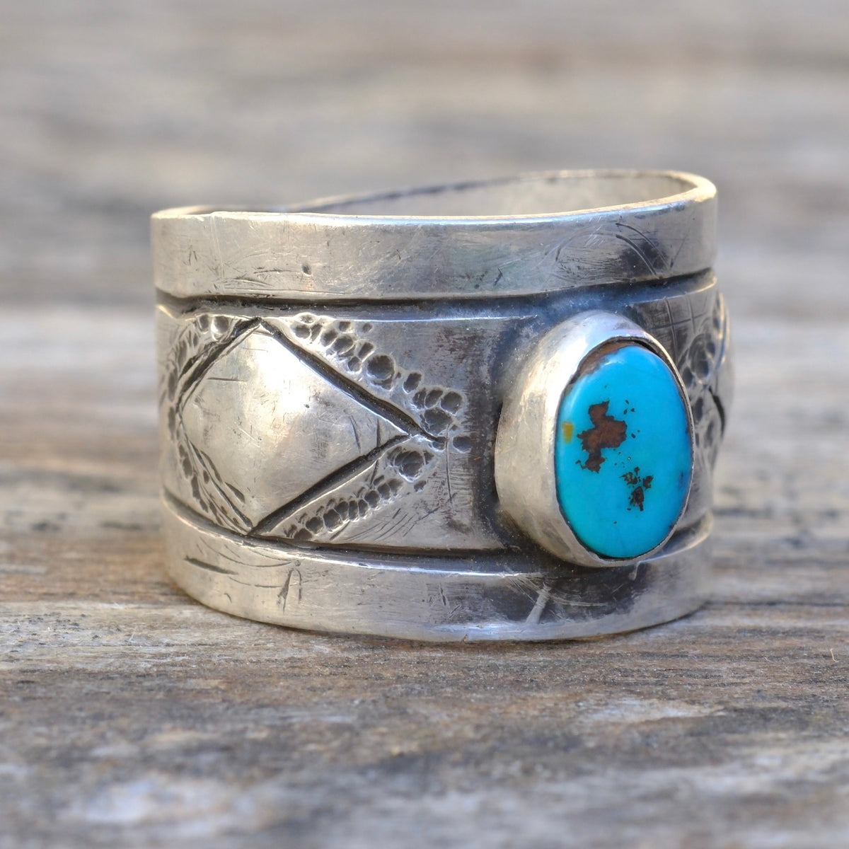 Sterling Silver Pilot Mountain Turquoise Stamped Ring 10.25