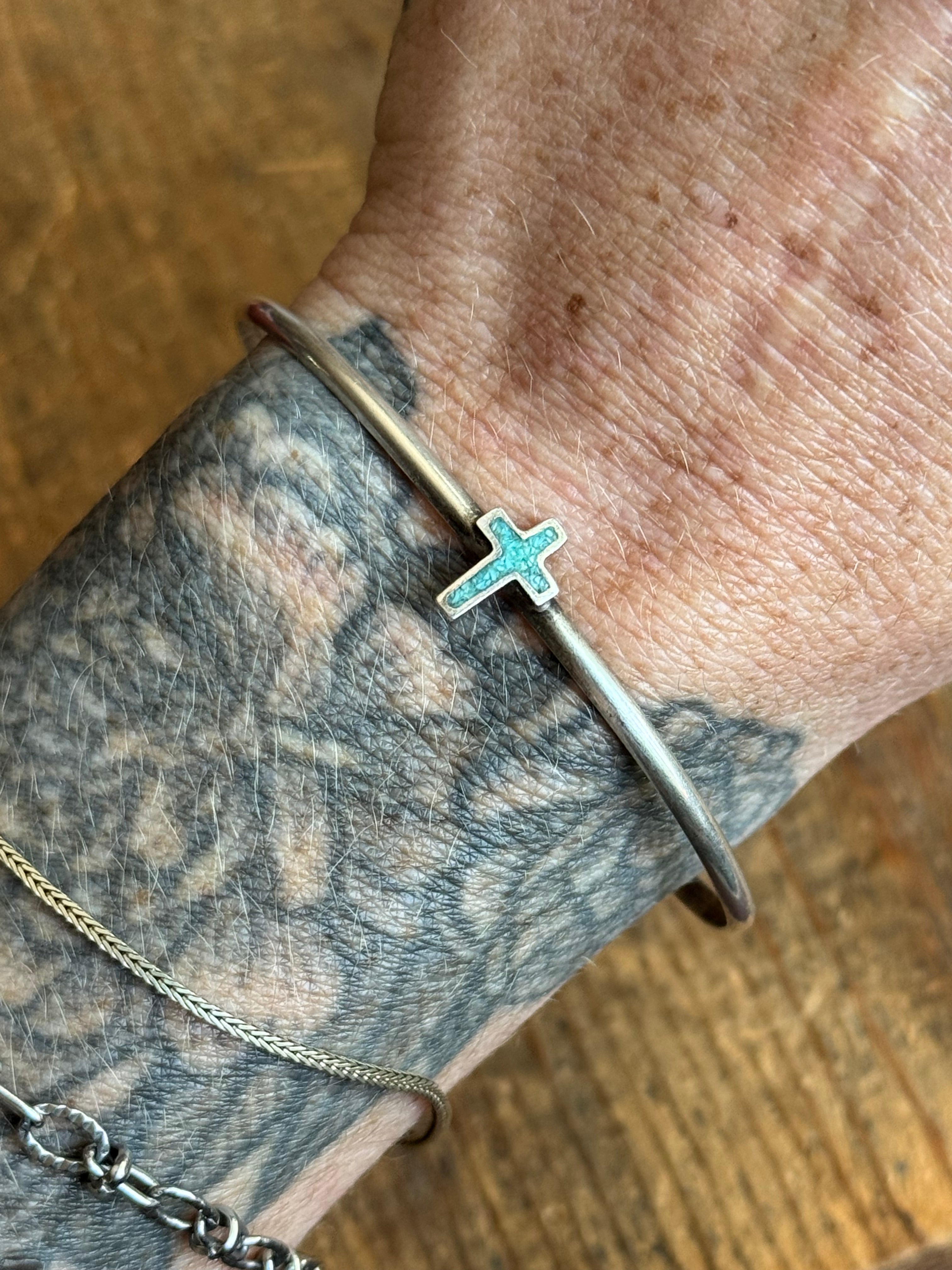 Vintage Sterling Silver Turquoise Inlay Cross Cuff