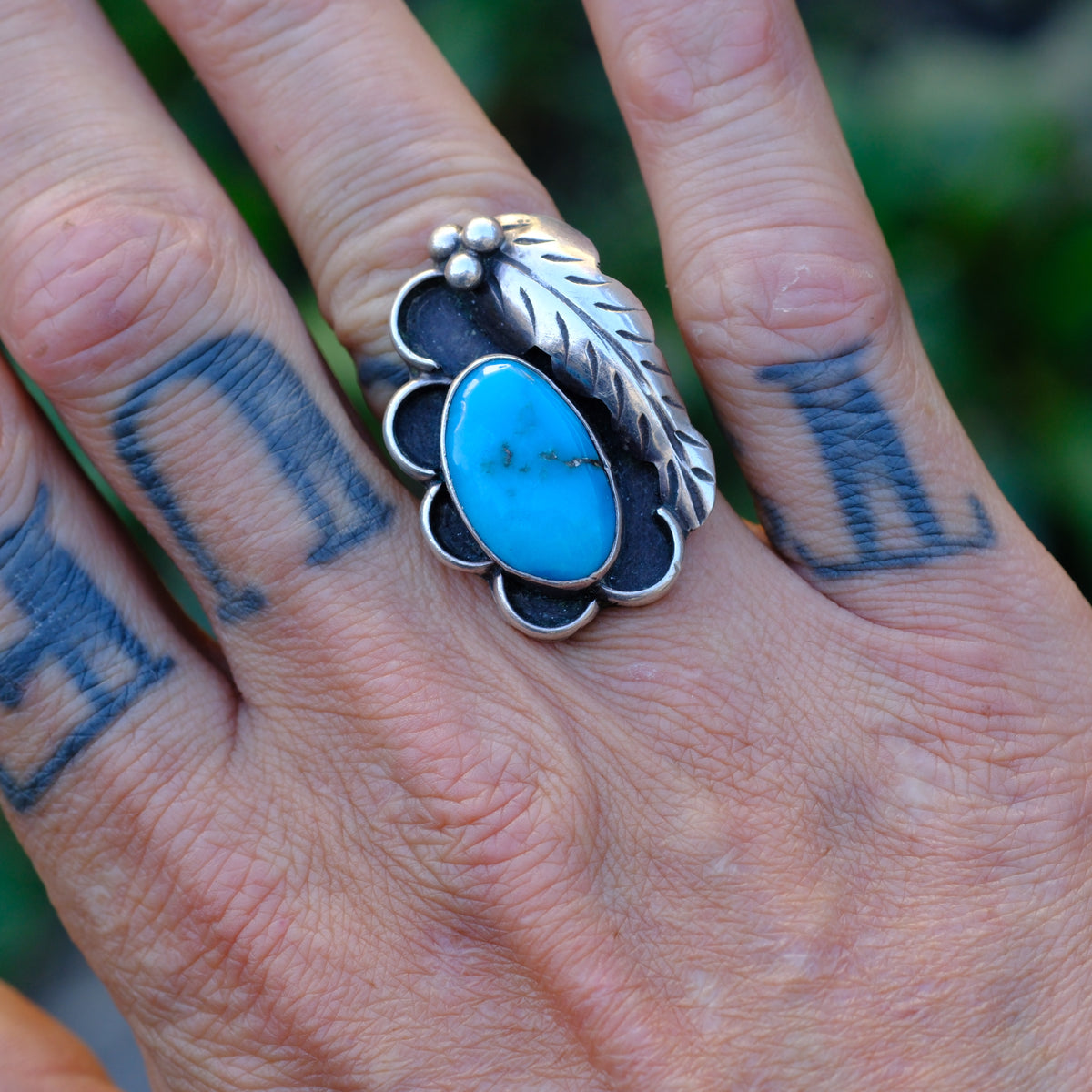 Vintage Sterling Turquoise Feather Florette Ring 7.75