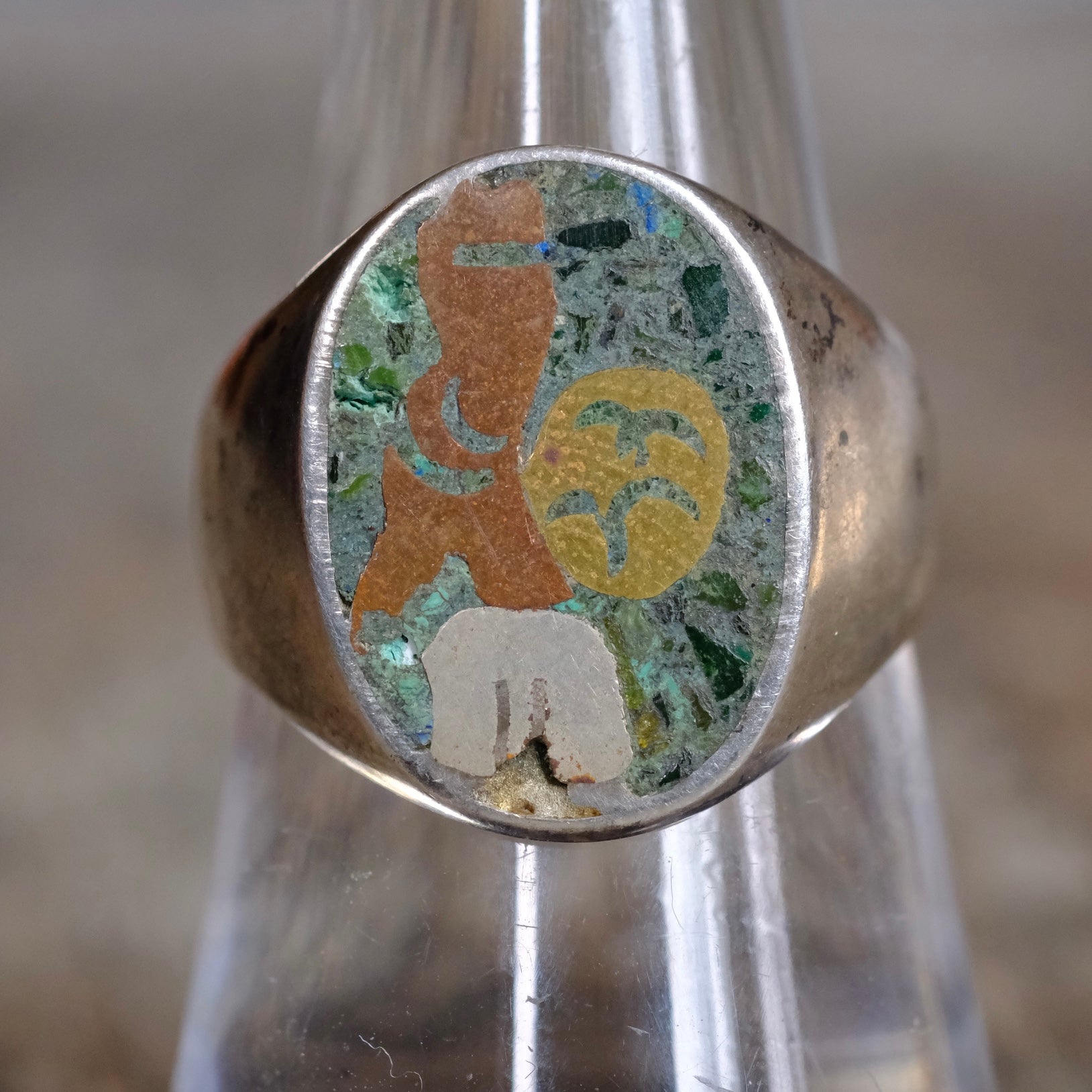 Vintage Sterling Turquoise Inlay Taxco Ring 8.5