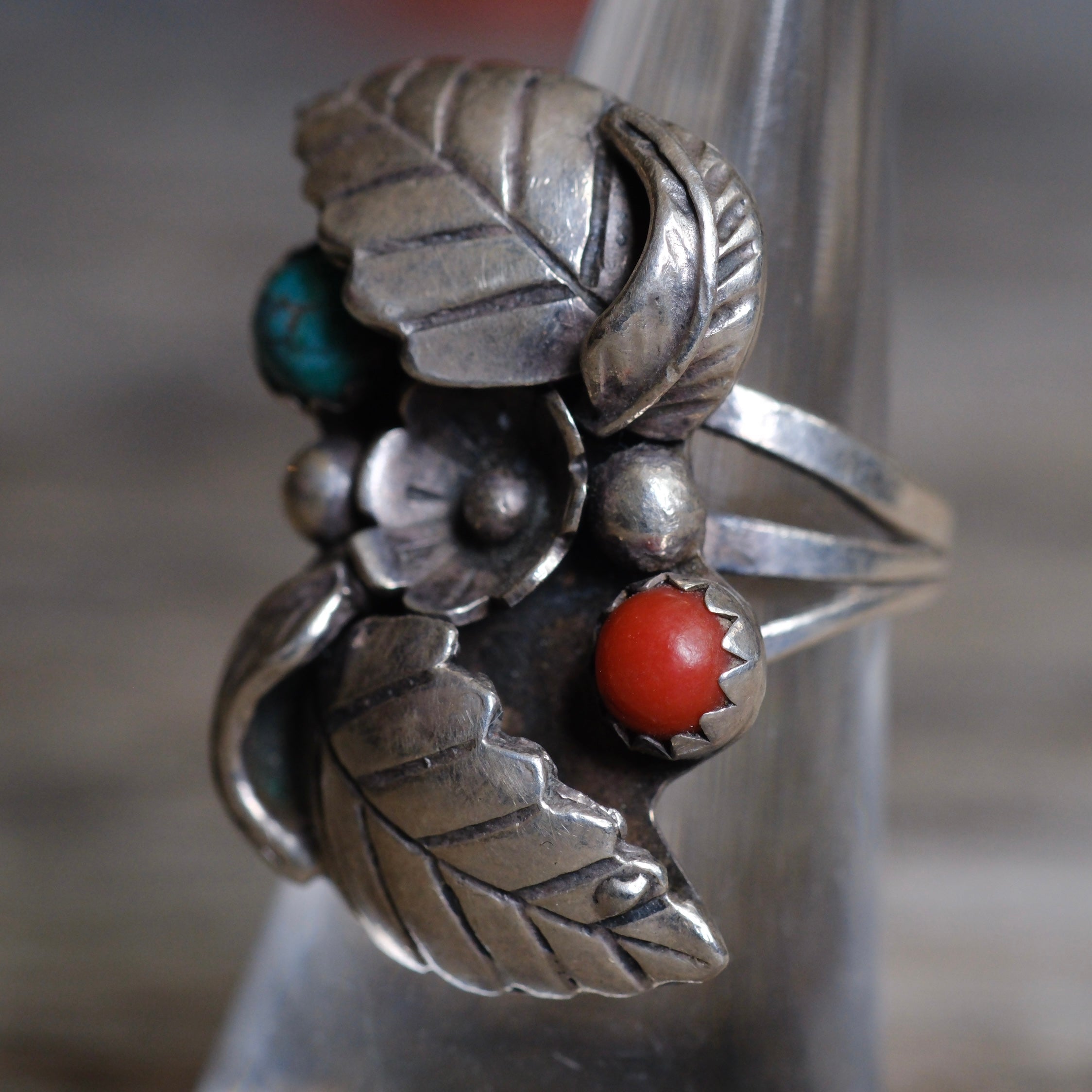Vintage Sterling Turquoise and Coral Feather Ring 6.5
