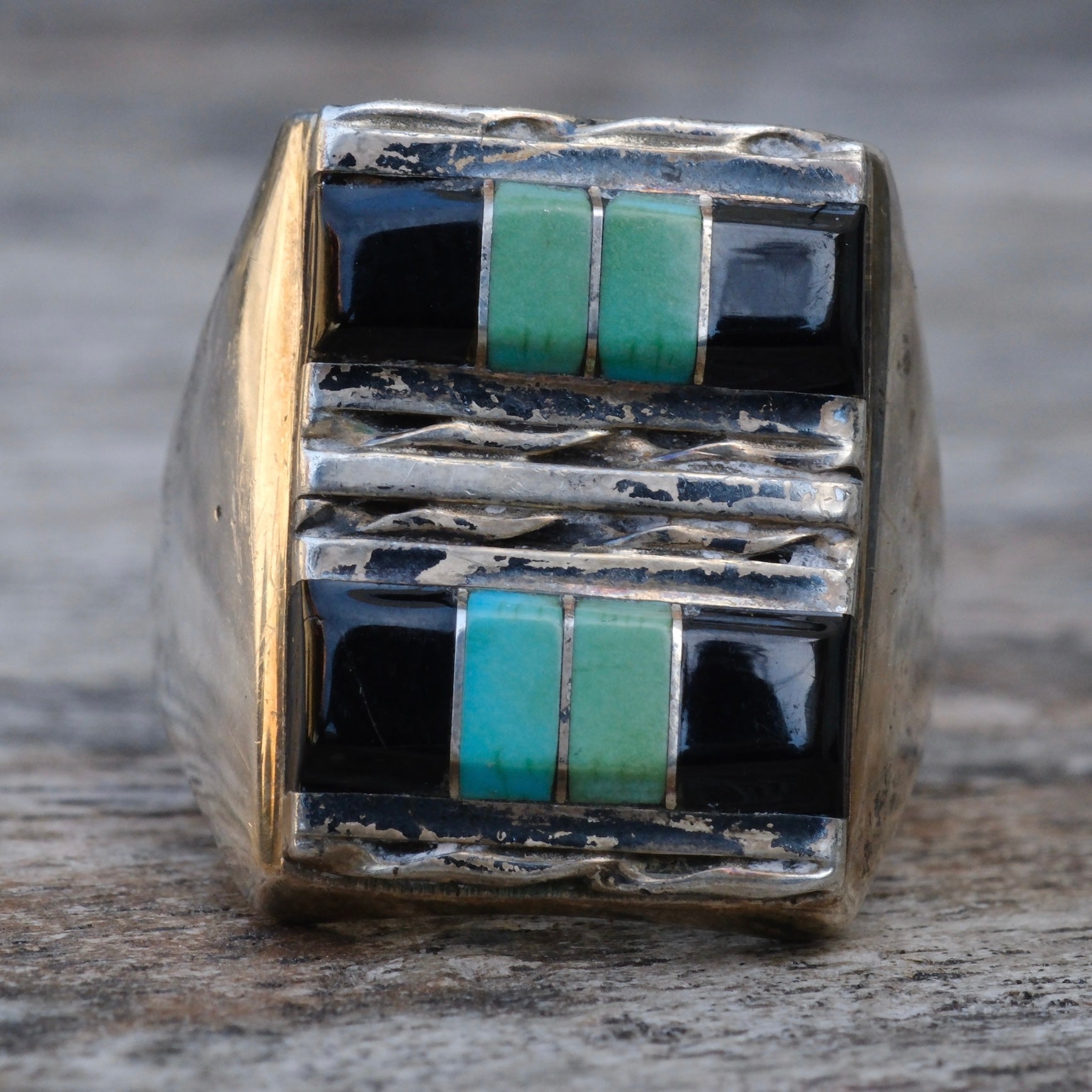 Vintage Sterling turquoise and Onyx Inlay Ring 11