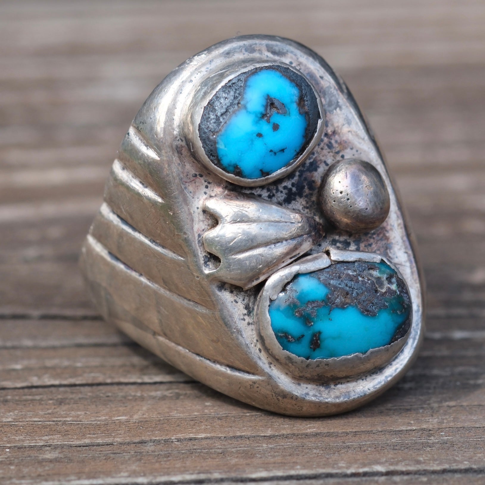 Vintage Sterling 2-Stone Turquoise Ring 9.5