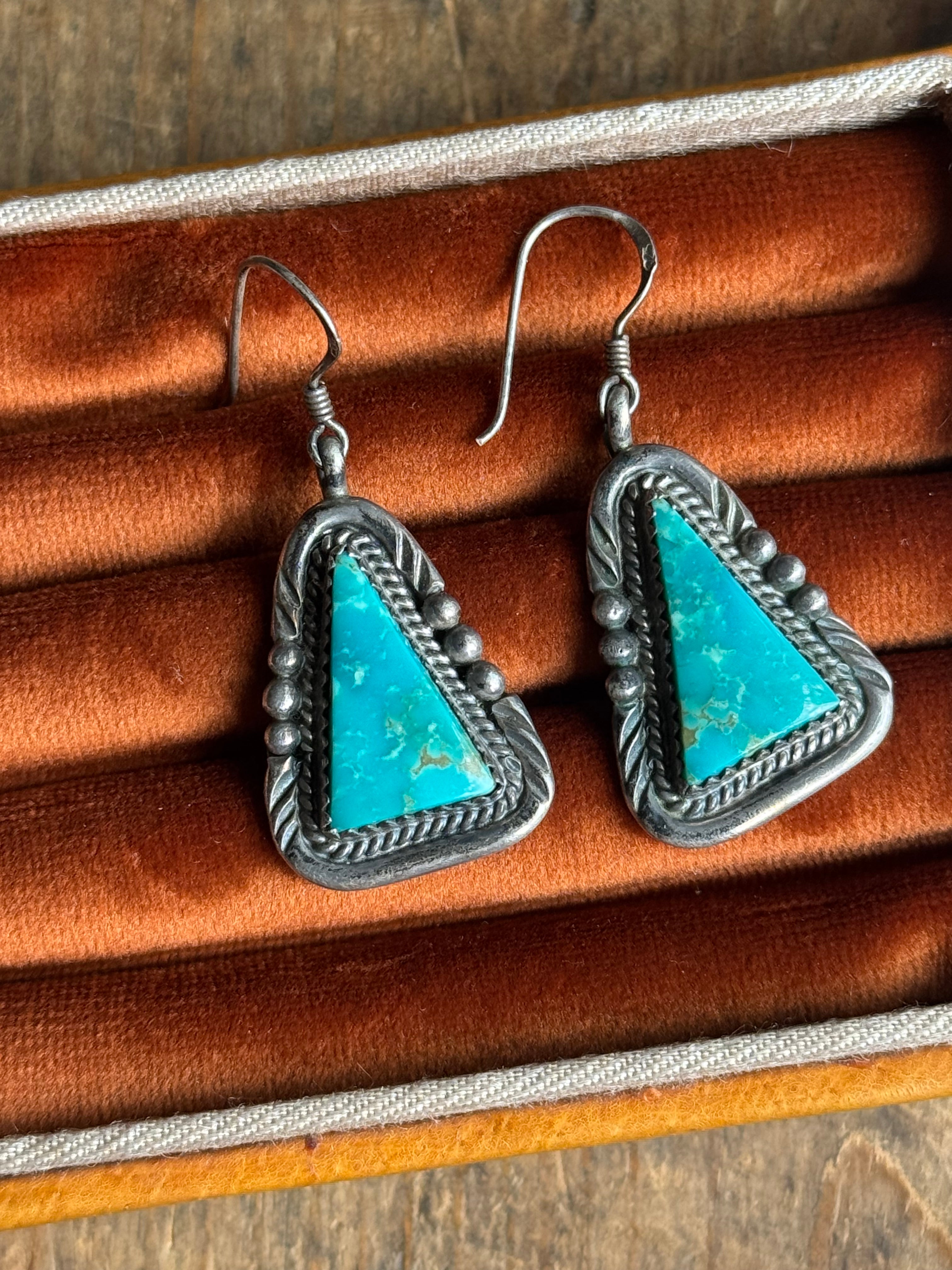 Vintage Sterling Silver Framed Turquoise Triangle Earrings
