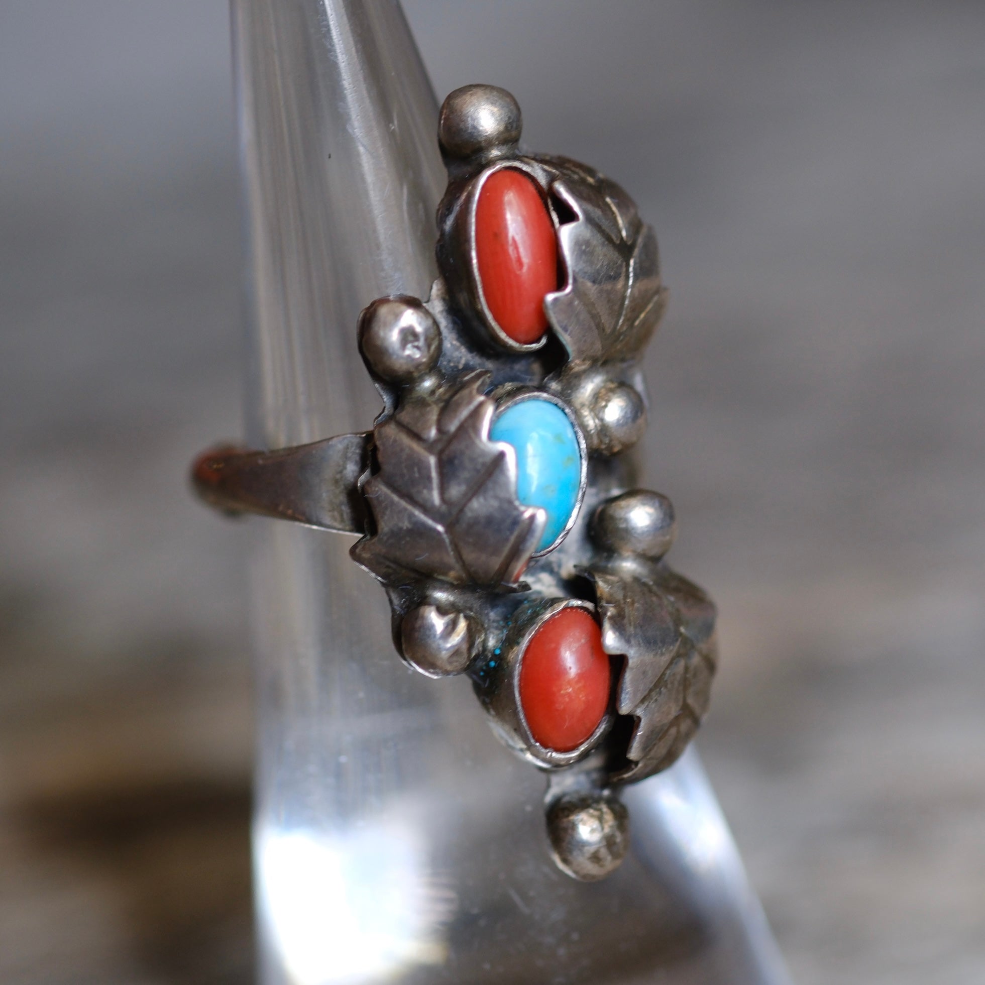 Vintage Sterling Turquoise and Coral Feather Ring 6