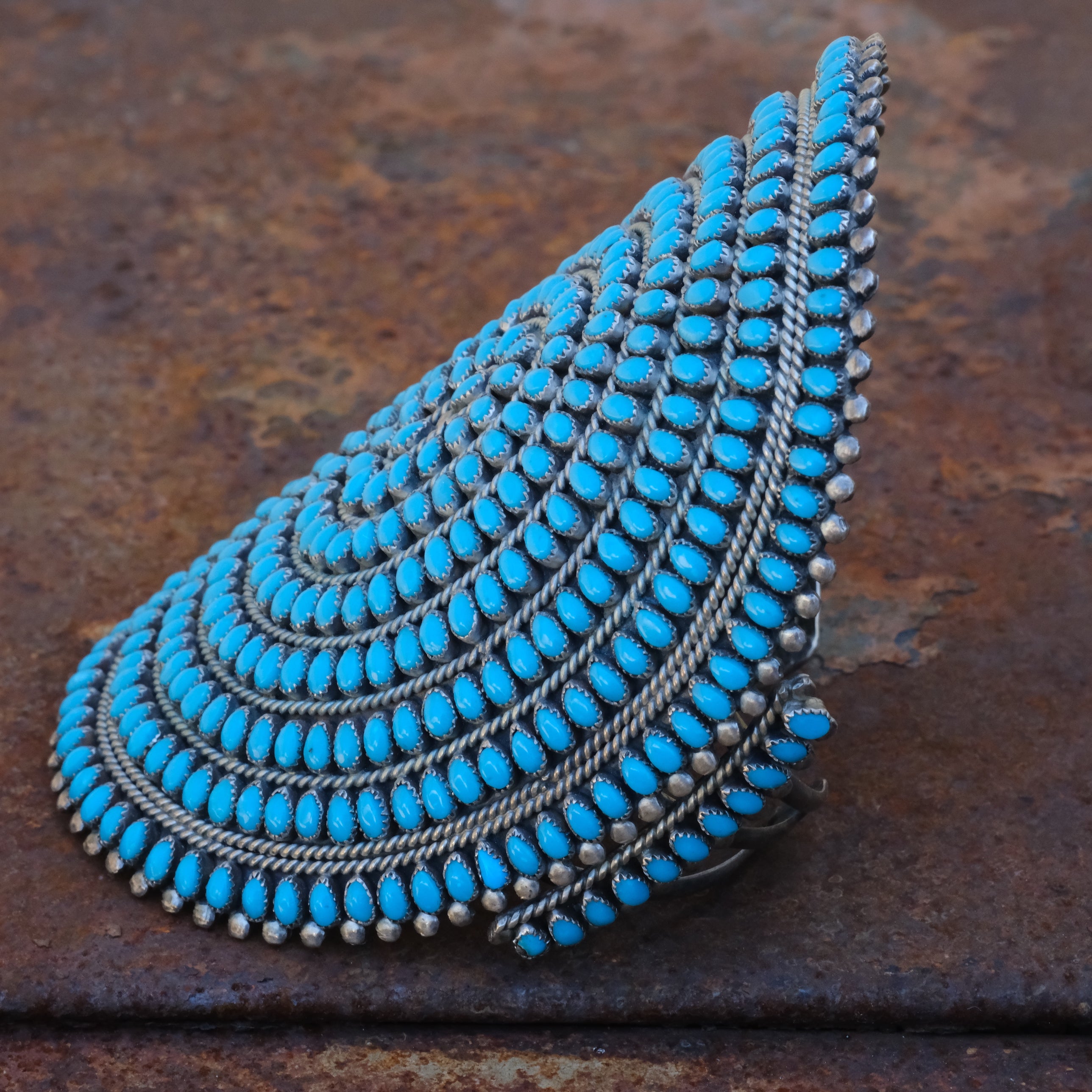 MASSIVE Vintage Sterling Turquoise Inlay Cluster Cuff Bracelet