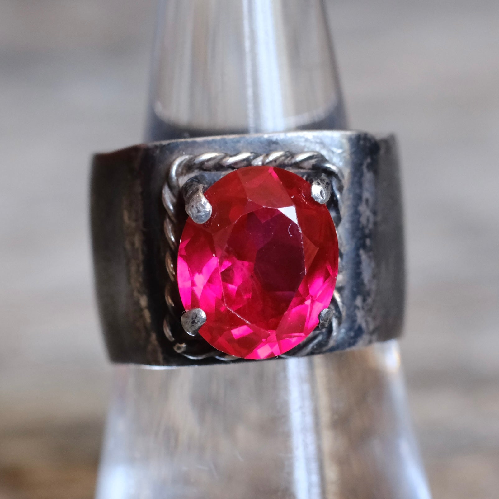 Vintage Sterling Red Glass Ring 7.5