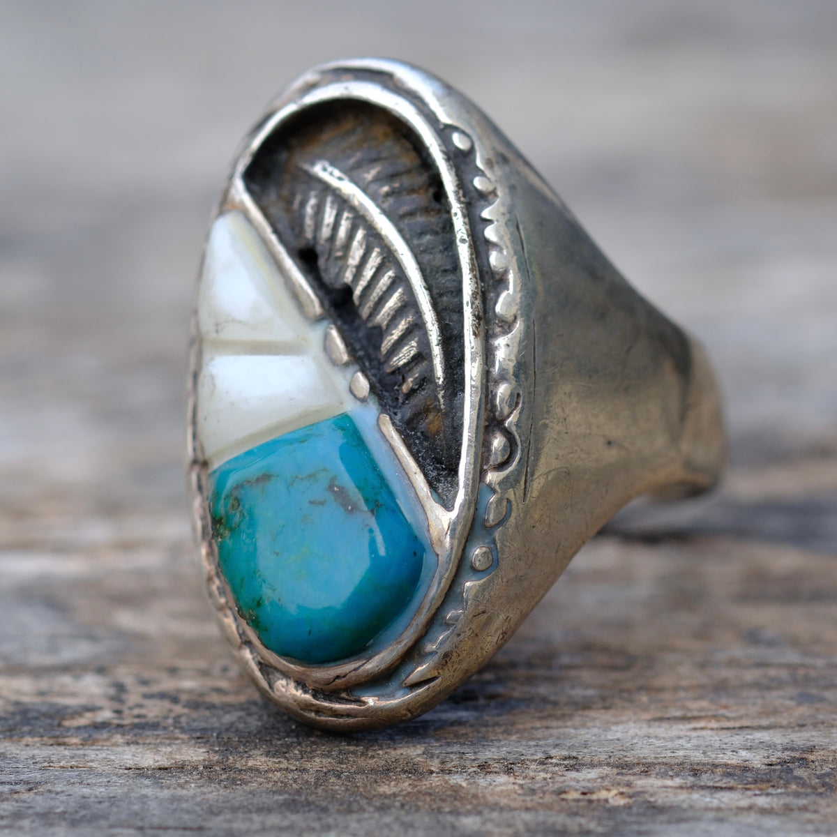 Vintage Sterling Turquoise and Mother Of Pearl Feather Ring 10